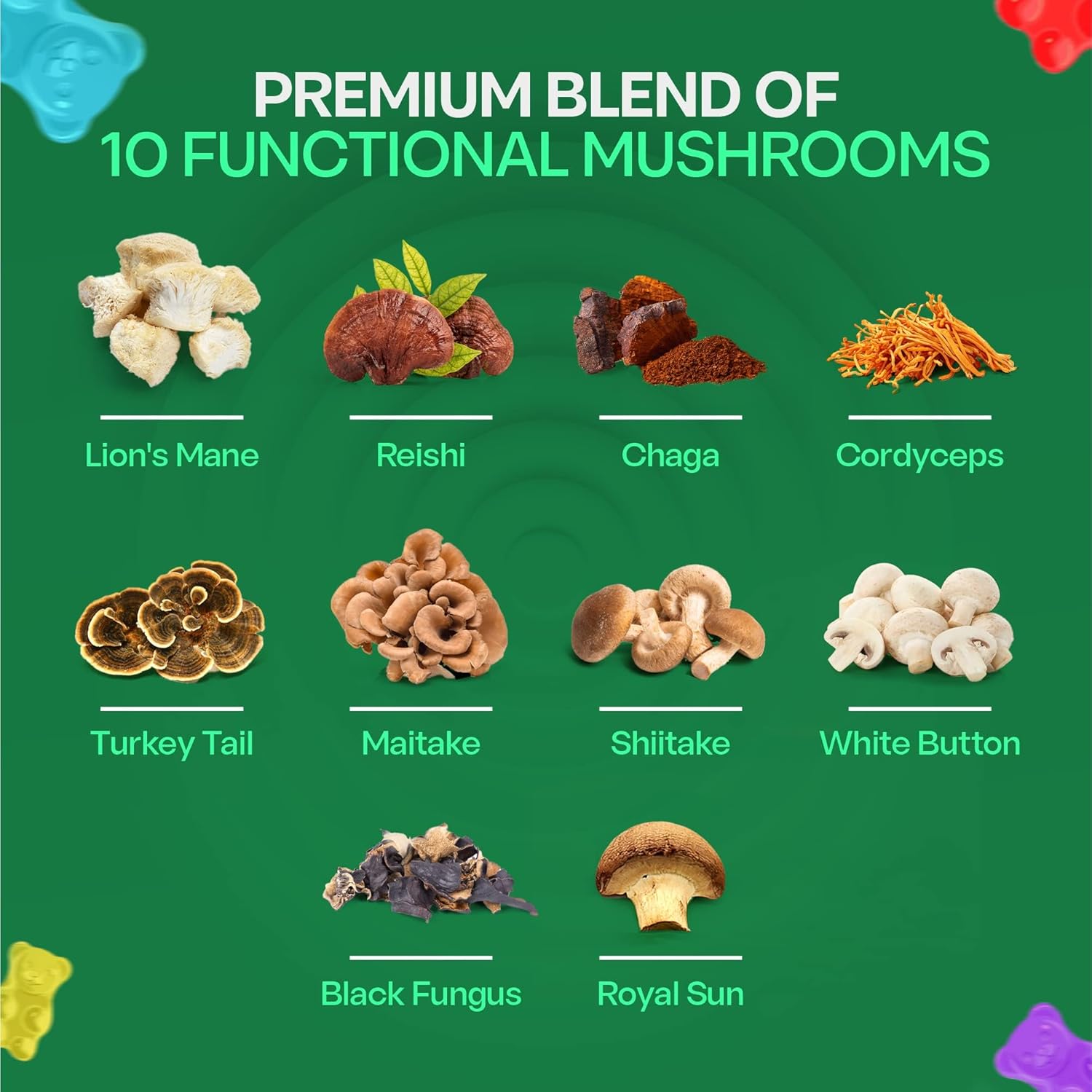 BioVitalica Mushroom Gummies - Lions Mane & Mushroom Complex Supplement for Adults - 10 Blend Mushrooms including Reishi, Chaga, Cordyceps, and Turkey Tail - Parental (6)