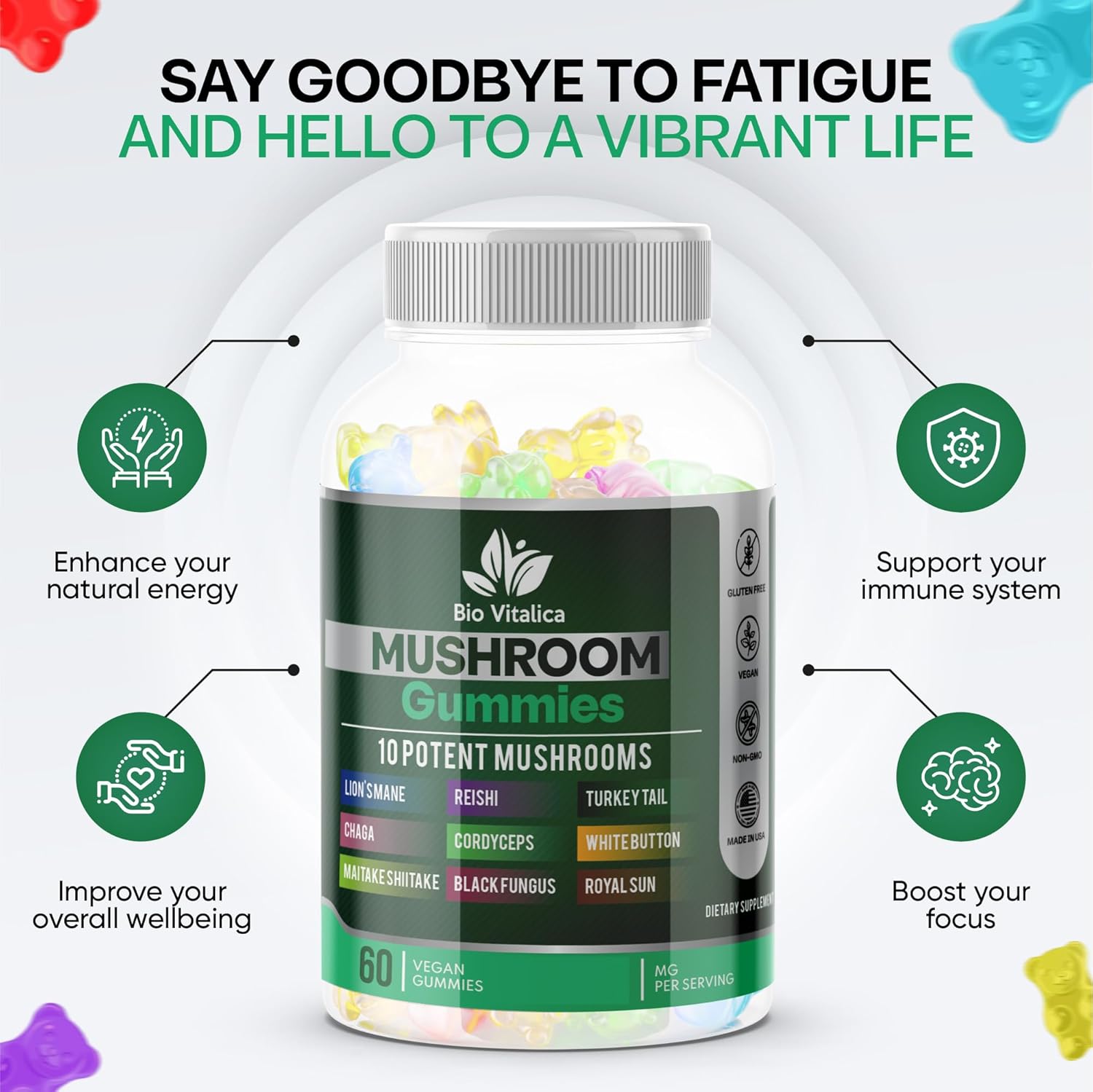 BioVitalica Mushroom Gummies for Adults - Lions Mane & 10 Blend Mushrooms Complex - Reishi, Chaga, Cordyceps, Turkey Tail, & More - Parental Supplement