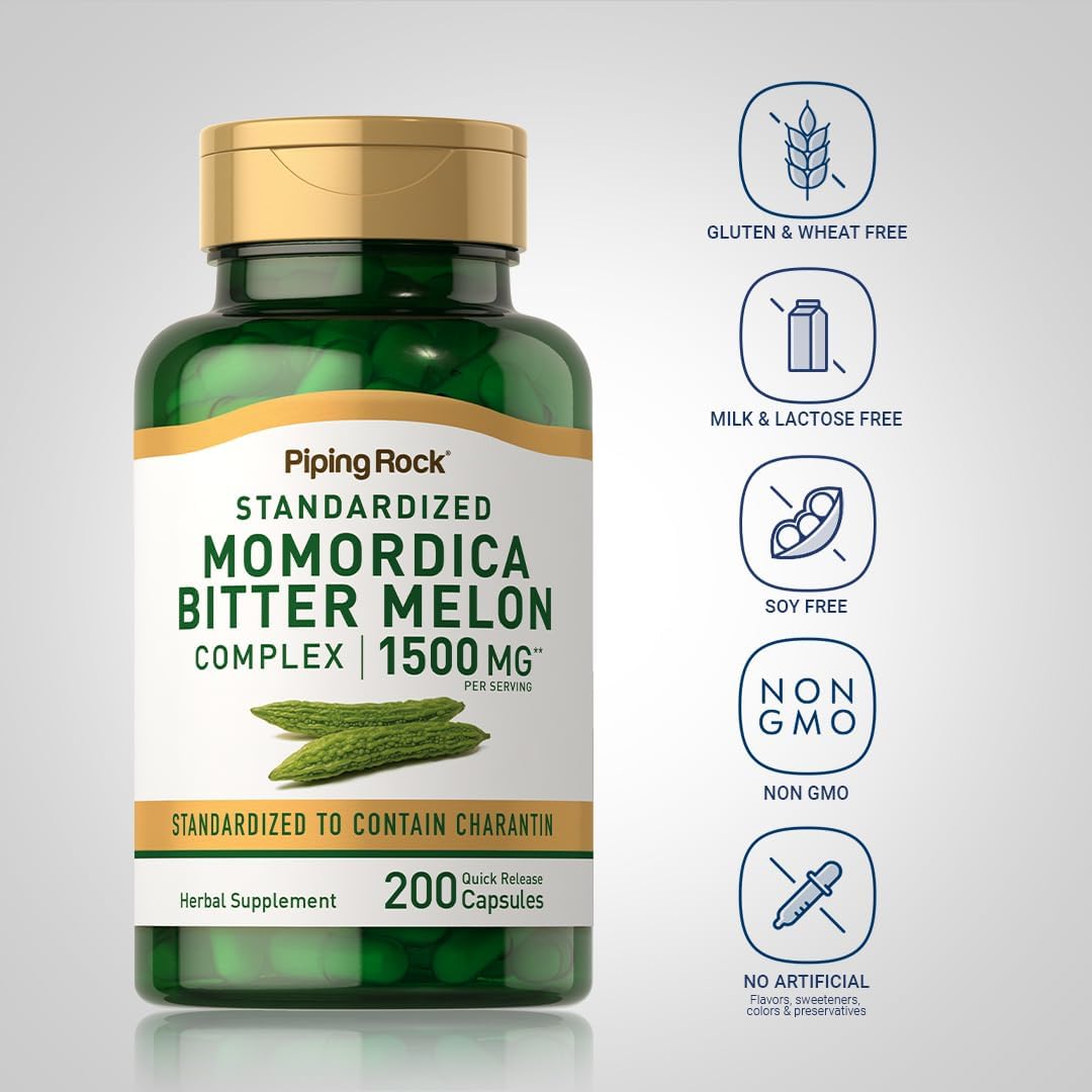 Bitter Melon Capsules 1500mg | 200 Count | Momordica Charantia Extract | Complex Supplement | Non-GMO, Gluten Free | Piping Rock
