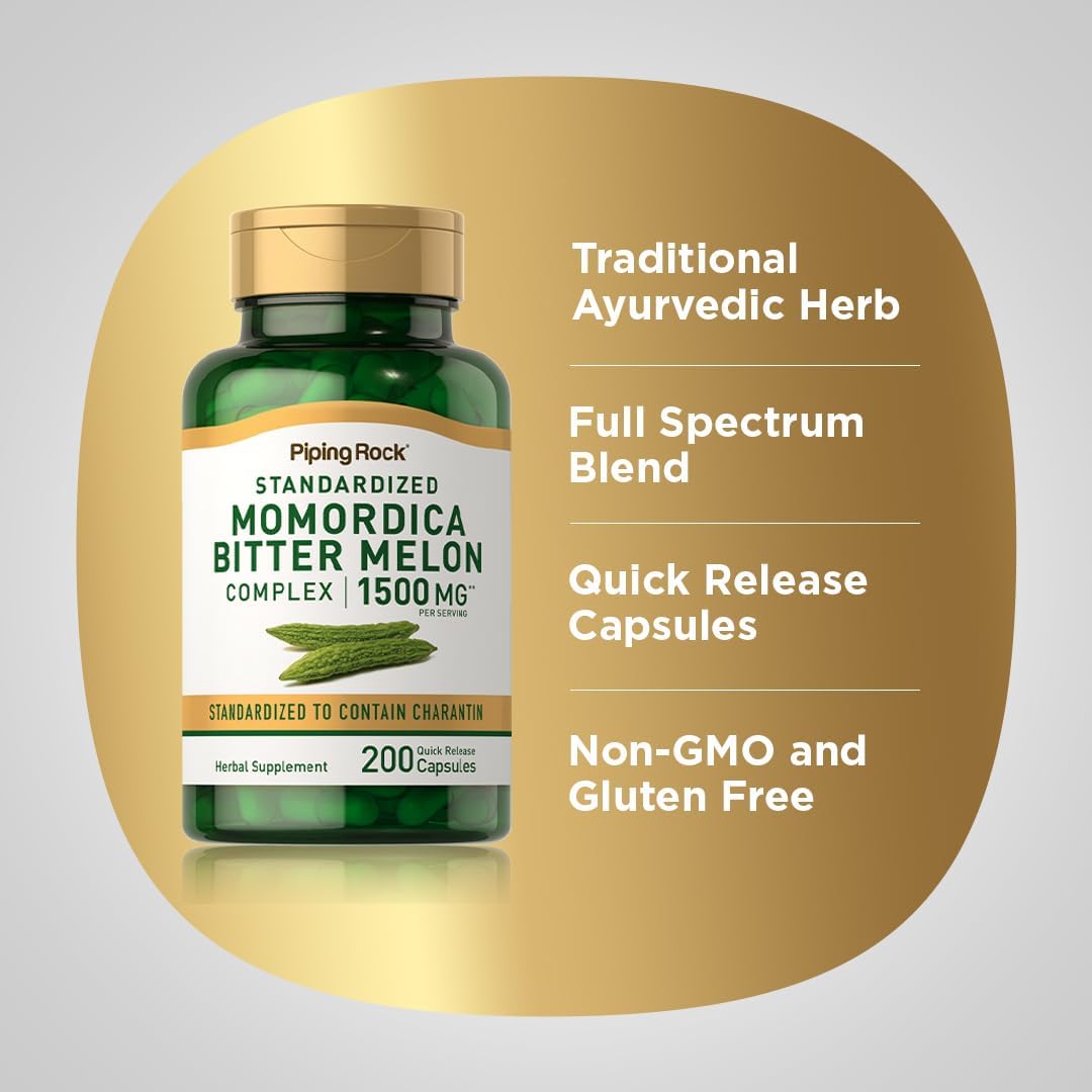Bitter Melon Capsules 1500mg | 200 Count | Momordica Charantia Extract | Complex Supplement | Non-GMO, Gluten Free | Piping Rock