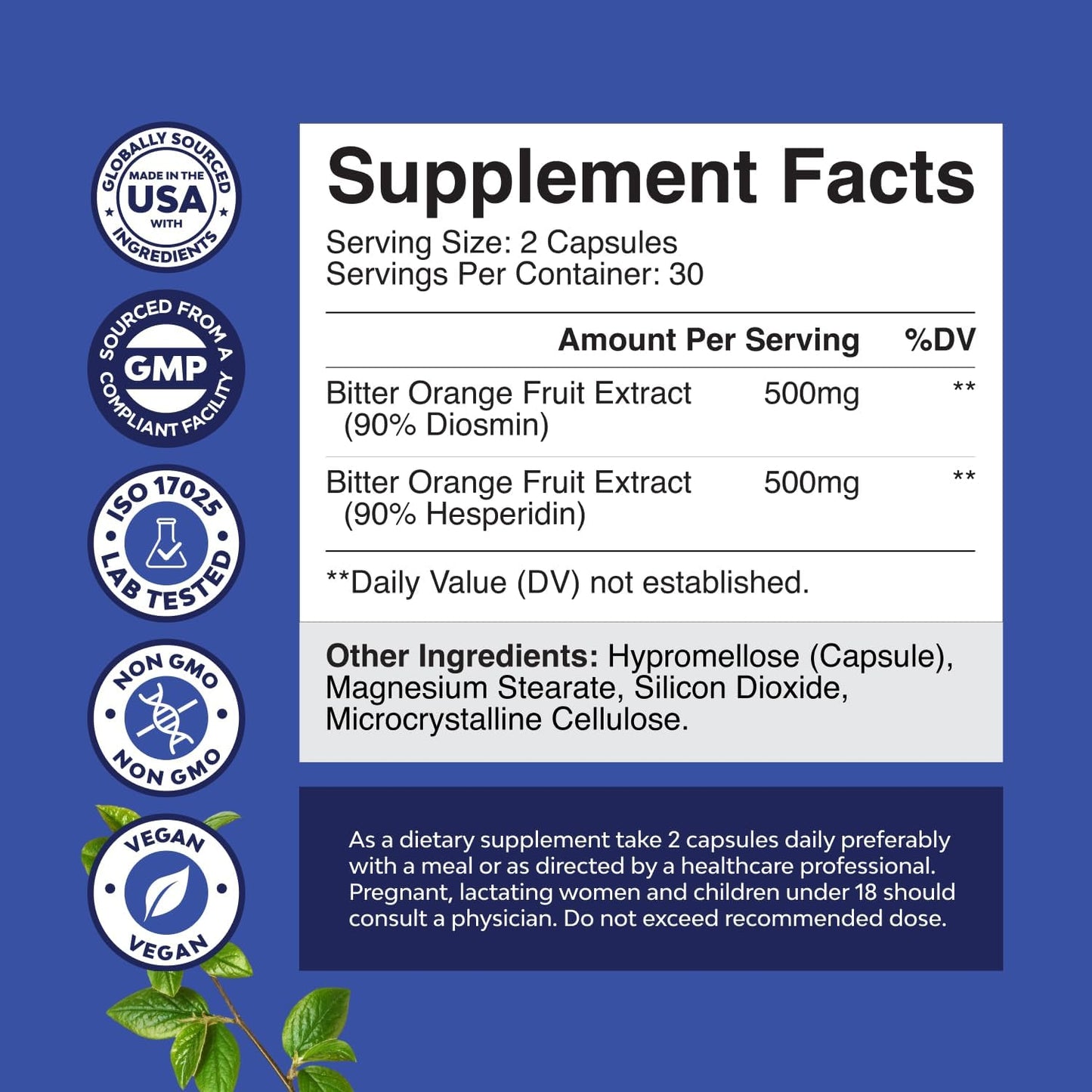 Bitter Orange Hesperidin & Diosmin Complex 1000mg for Vein Support - Vegan Non-GMO - USA Made - ISO 17025 Lab Tested - 1 Month Supply