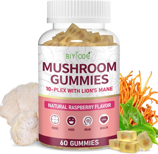 BIYODE 10x Mushroom Gummies: Adaptogenic Blend with Lion's Mane, Reishi, Cordyceps, & Chaga - Sugar-Free Stress Relief & Focus Supplement - 1600mg, 60 Count
