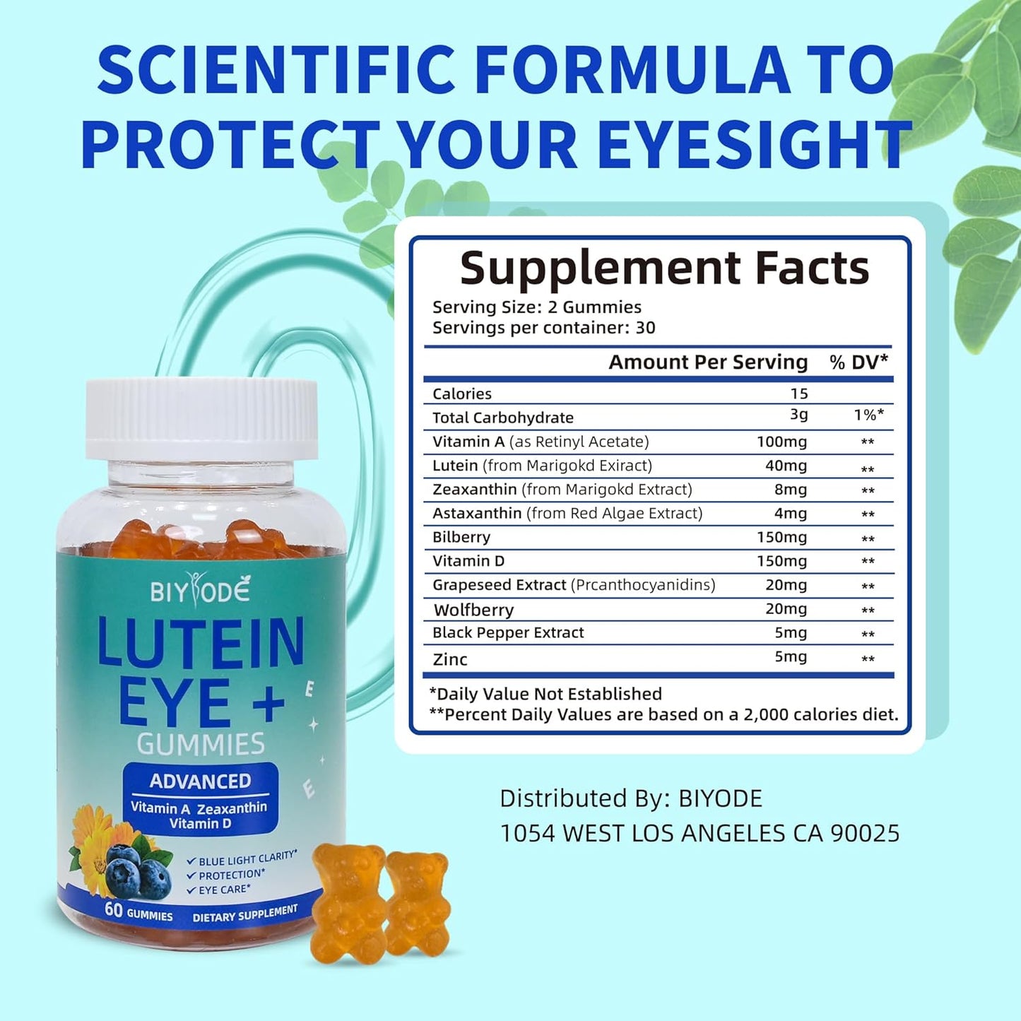 BIYODE Lutein & Zeaxanthin Gummies for Adult Eye Health - 60 Gummies, 30 Day Supply
