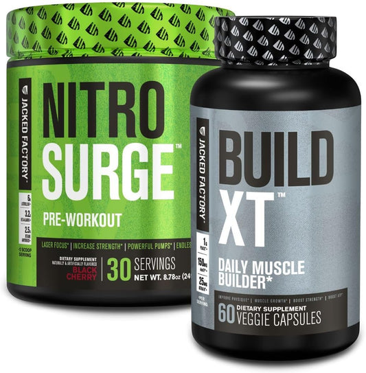 Black Cherry Nitrosurge Pre-Workout & Build XT Muscle Building Bundle for Men and Women by Jacked Factory