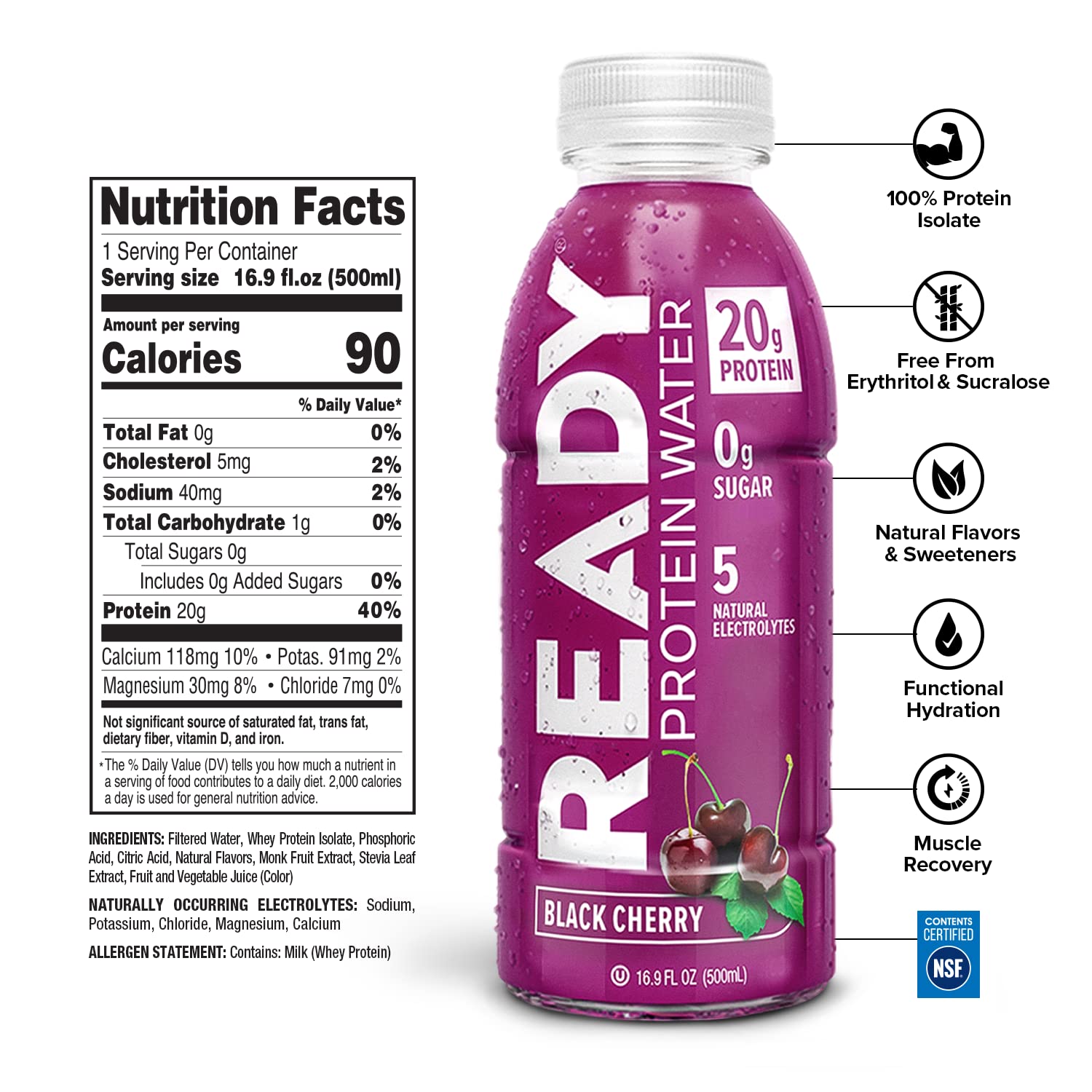 Black Cherry Sugar-Free Protein Water, 20g Whey Isolate, 12-Pack, 16.9oz Each