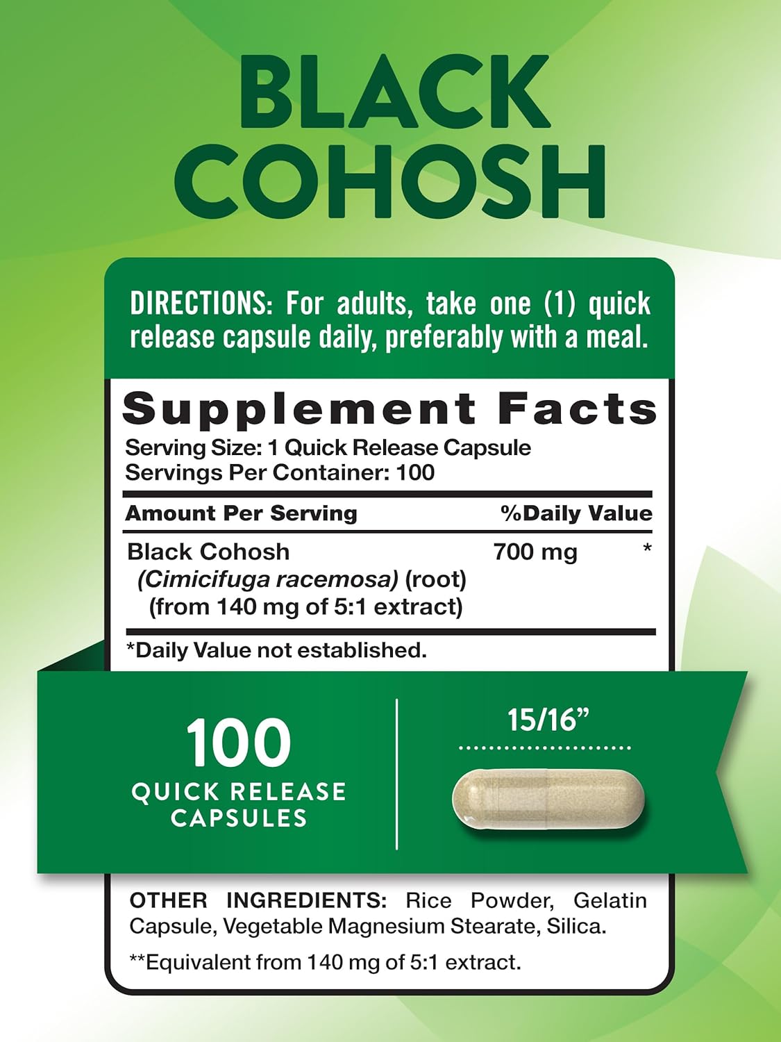 Black Cohosh Root Extract Capsules - 100 Count | Non-GMO & Gluten Free Supplement by Nature's Truth