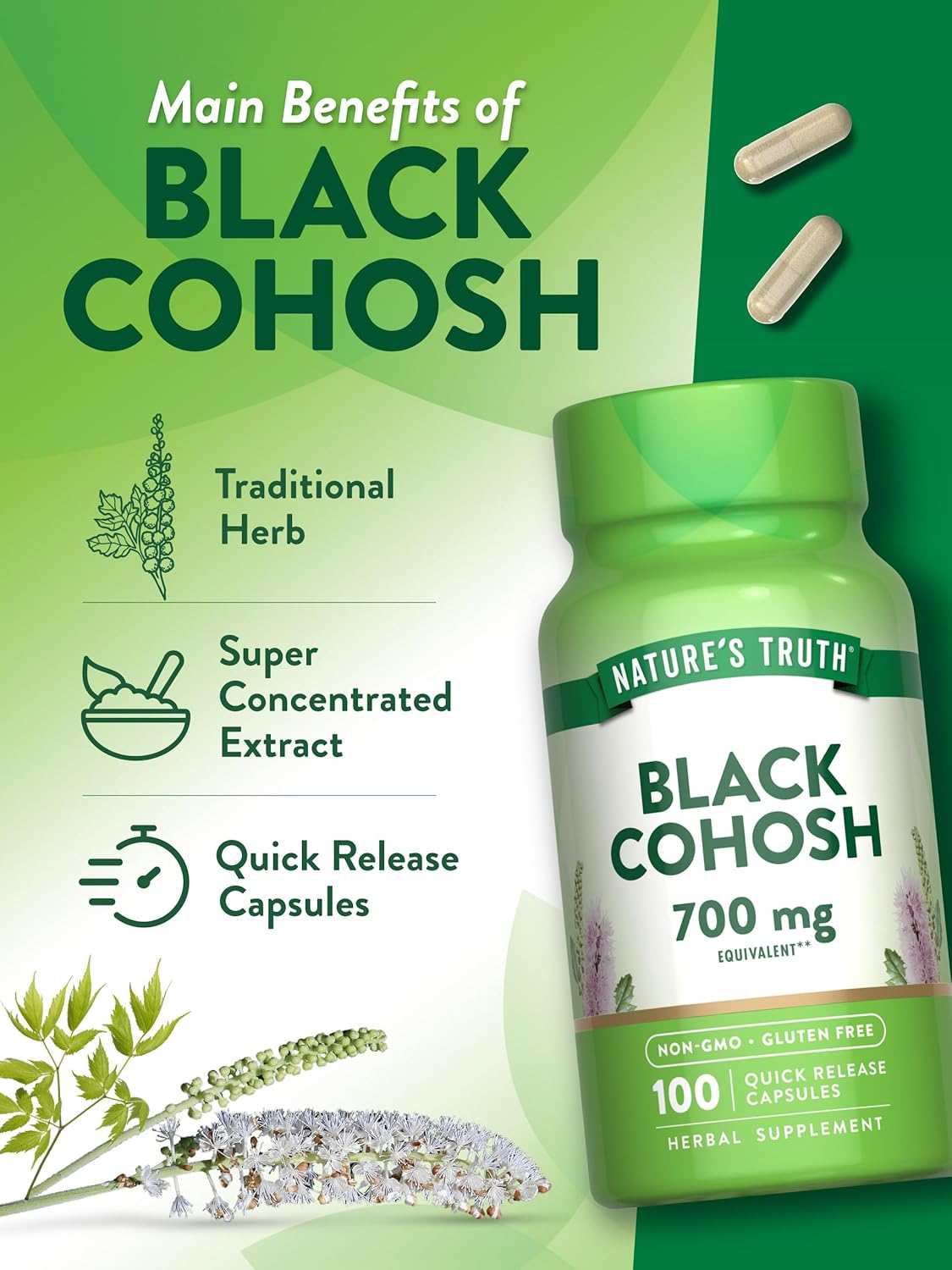 Black Cohosh Root Extract Capsules - 100 Count | Non-GMO & Gluten Free Supplement by Nature's Truth