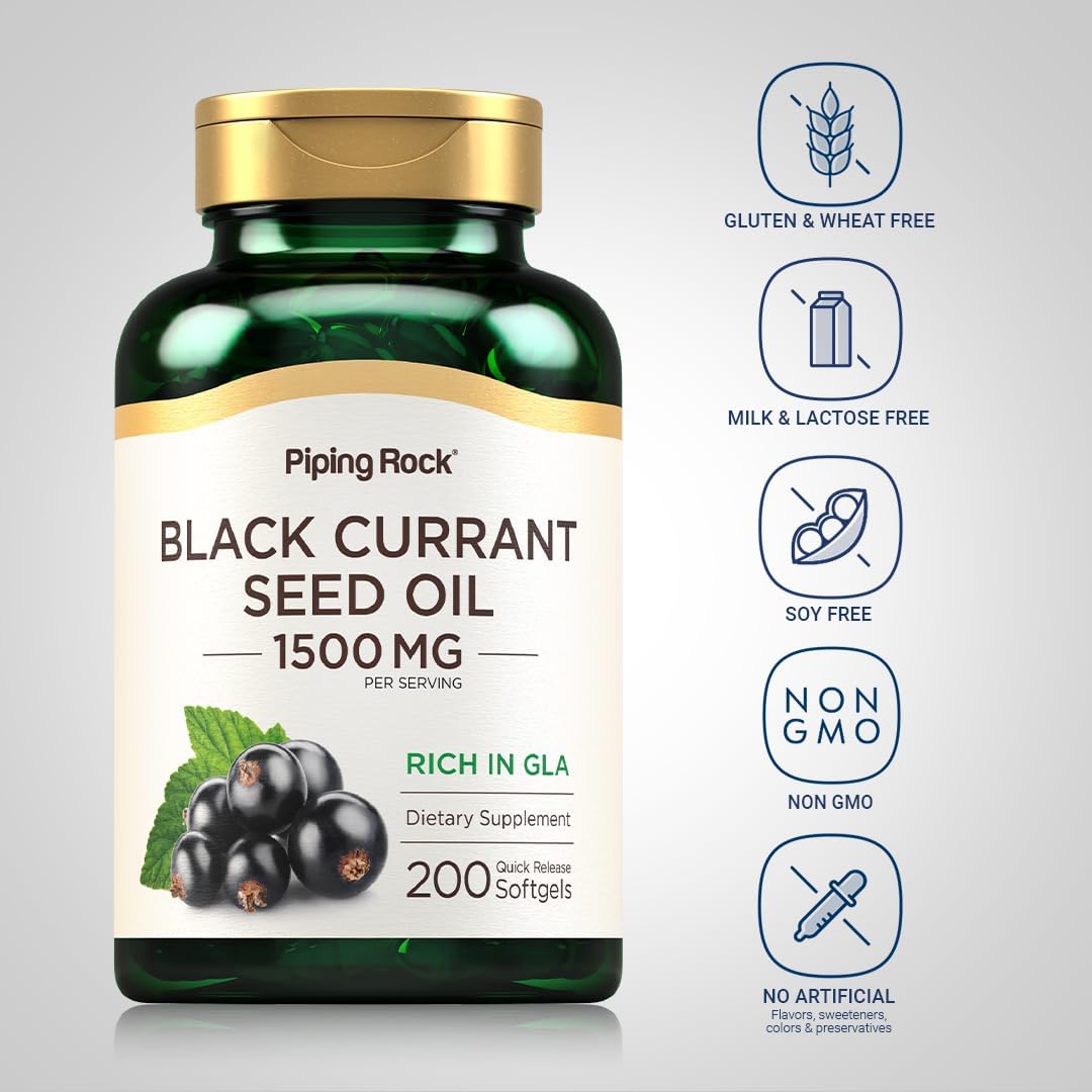 Black Currant Seed Oil Softgels 1500mg | 200 Count | Cold Pressed | Rich in GLA | Gluten Free, Non-GMO Supplement by Piping Rock