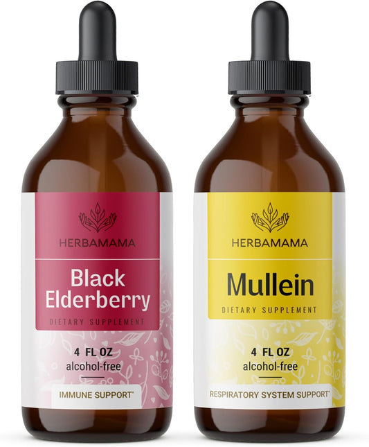 Black Elderberry Extract and Mullein Leaf Tincture Kit - 2 Pack of Herbal Liquid Drops - Vegan, Non-GMO, Sugar & Alcohol-Free - 4 fl oz each