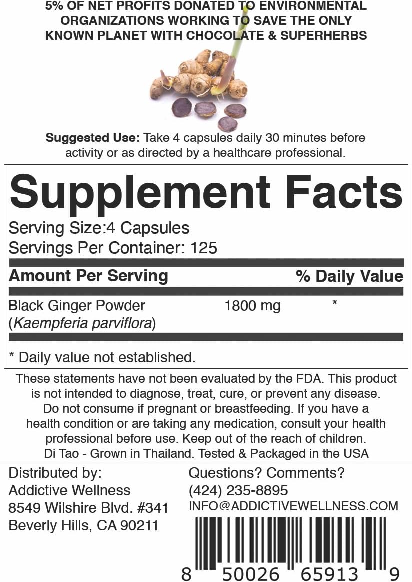 Black Ginger Capsules 450mg - Kaempferia Parviflora Supplement for Energy & Performance - 500 Count Vegan & Paleo Formula