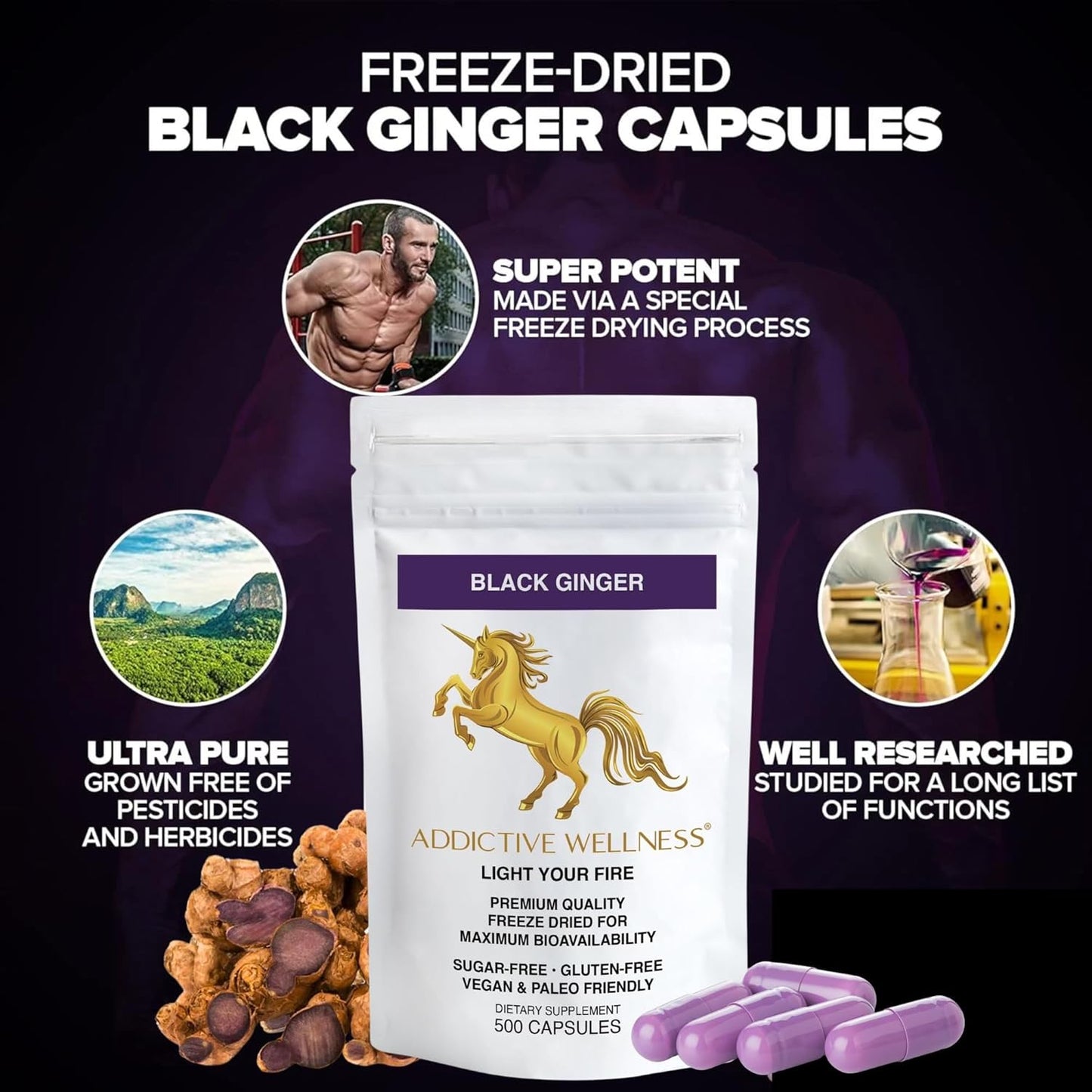 Black Ginger Capsules 450mg - Kaempferia Parviflora Supplement for Energy & Performance - 500 Count Vegan & Paleo Formula