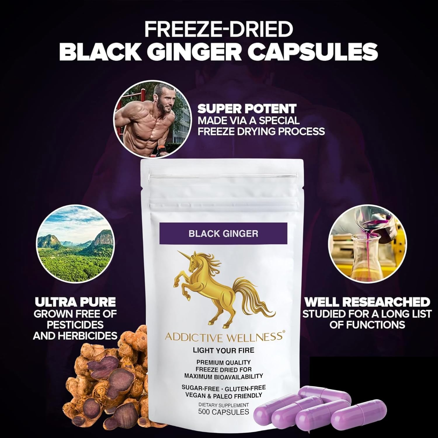 Black Ginger Capsules 450mg - Kaempferia Parviflora Supplement for Energy & Performance - 500 Count Vegan & Paleo Formula