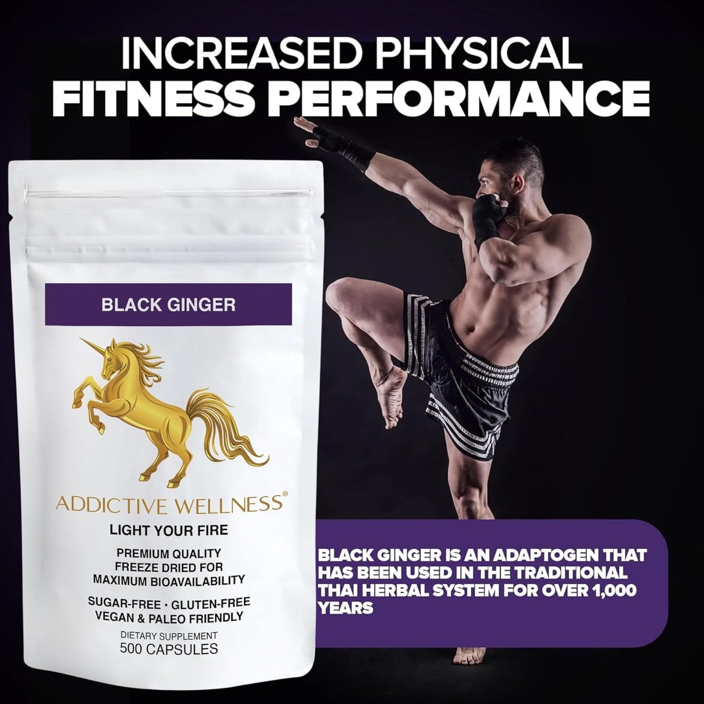 Black Ginger Capsules 450mg - Kaempferia Parviflora Supplement for Energy & Performance - 500 Count Vegan & Paleo Formula