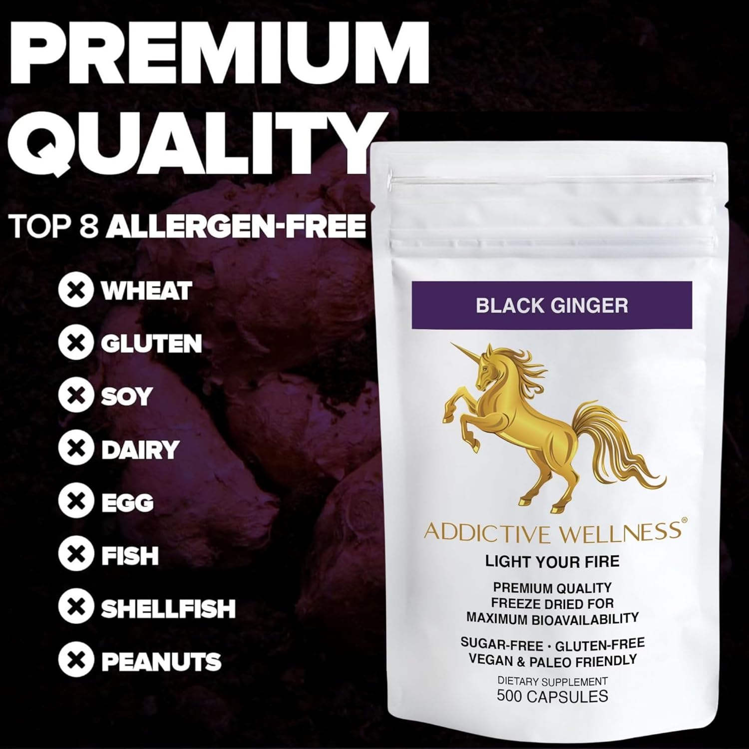 Black Ginger Capsules 450mg - Kaempferia Parviflora Supplement for Energy & Performance - 500 Count Vegan & Paleo Formula