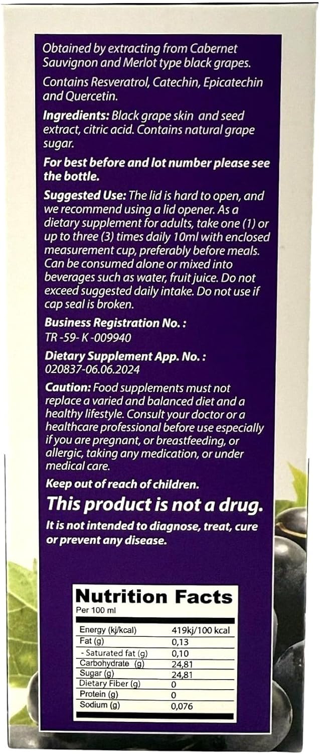Black Grape Skin and Seed Liquid Extract - High Polyphenol Concentration, Resveratrol, Quercetin, Catechins - 250ml