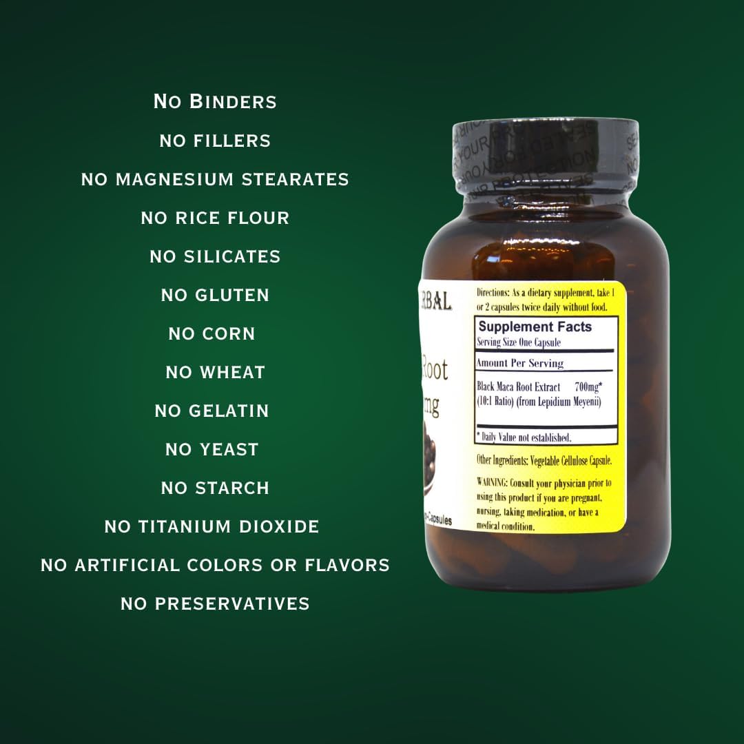 Black Maca Root Extract Capsules - 700mg Per Capsule - 60 Vegan Capsules - Peruvian Maca - Glass Bottle - Third Party Tested