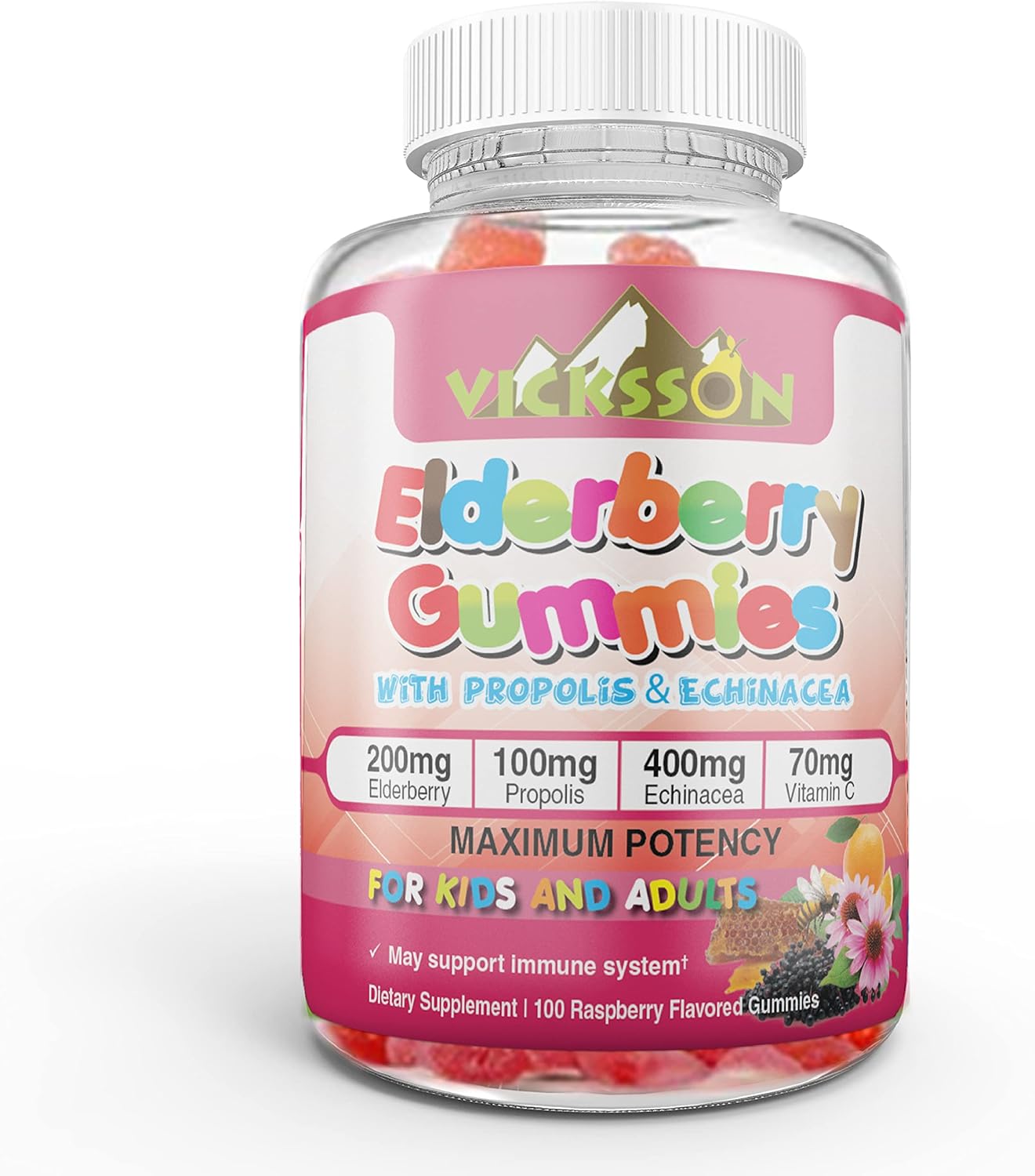 Black Sambucus Elderberry Gummies with Propolis, Echinacea, Vitamin C - Immune System Booster for Kids & Adults - Vegan - Raspberry Flavored - 100 Count