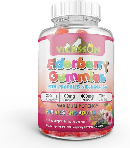 Black Sambucus Elderberry Gummies with Propolis, Echinacea, Vitamin C - Immune System Booster for Kids & Adults - Vegan - Raspberry Flavored - 100 Count