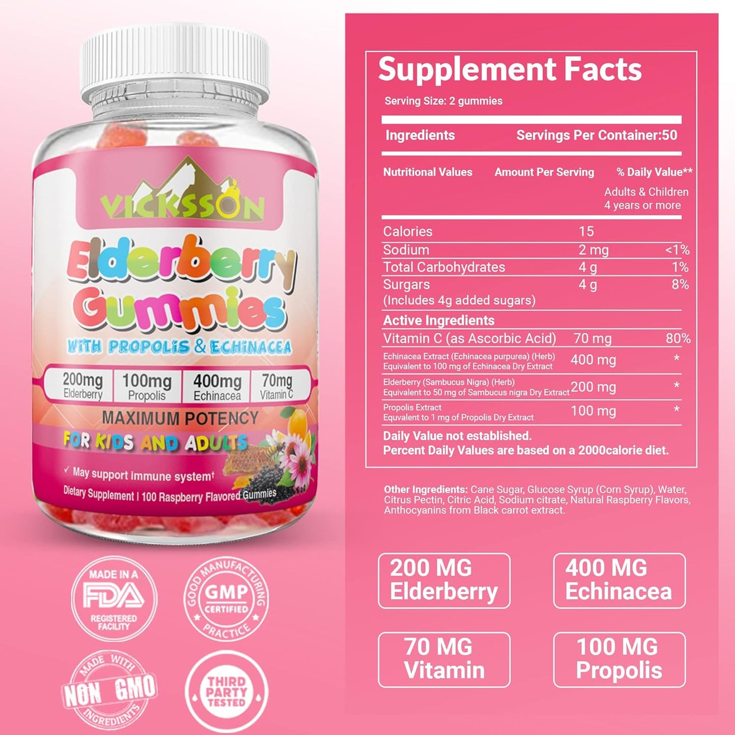 Black Sambucus Elderberry Gummies with Propolis, Echinacea, Vitamin C - Immune System Booster for Kids & Adults - Vegan - Raspberry Flavored - 100 Count