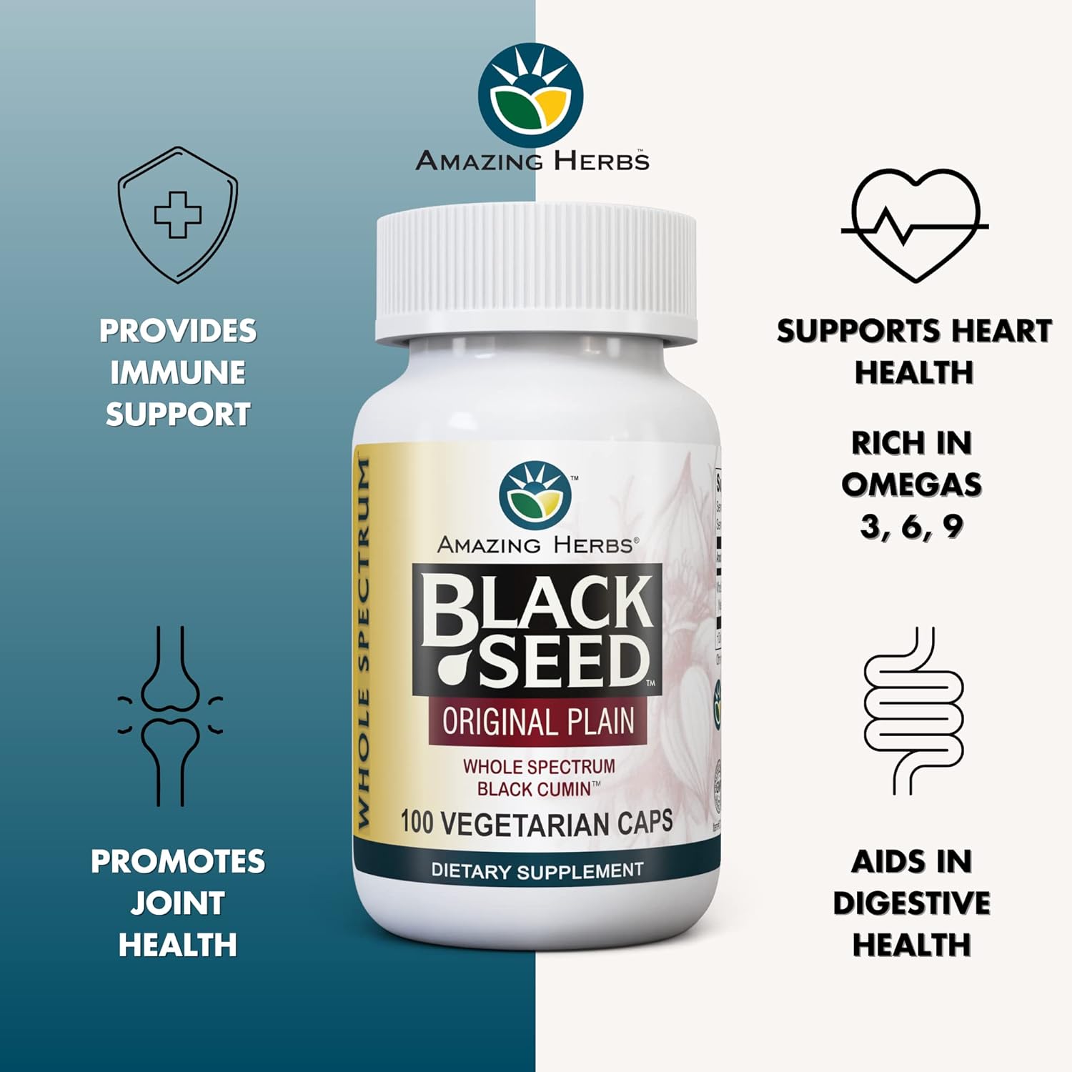 Black Seed Capsules for Digestive Health - 100 Vegetarian Capsules, Gluten Free, Non GMO - Whole Spectrum Nigella Sativa - 475mg