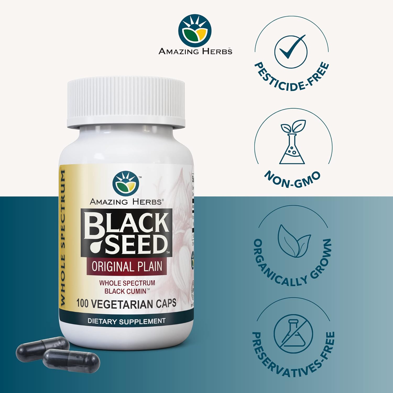 Black Seed Capsules for Digestive Health - 100 Vegetarian Capsules, Gluten Free, Non GMO - Whole Spectrum Nigella Sativa - 475mg