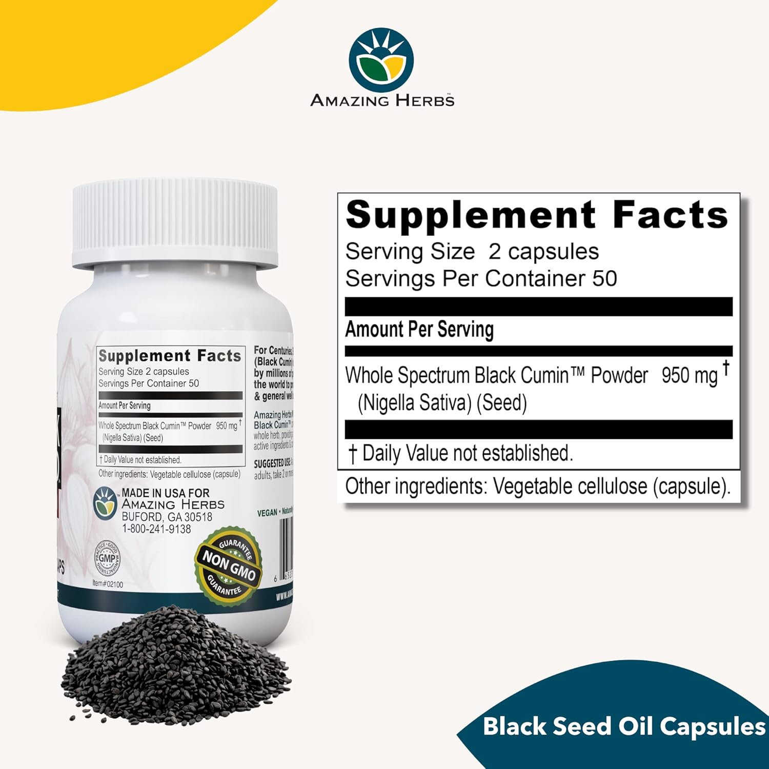 Black Seed Capsules for Digestive Health - 100 Vegetarian Capsules, Gluten Free, Non GMO - Whole Spectrum Nigella Sativa - 475mg
