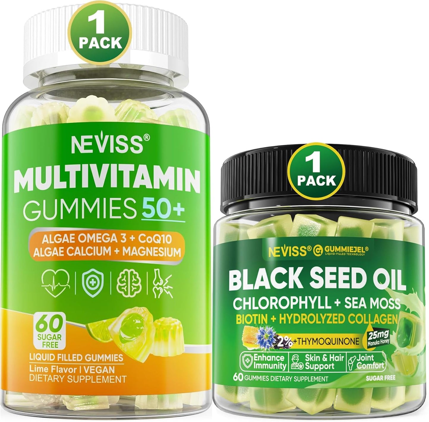 Black Seed Oil Gummies with Chlorophyll, Sea Moss, and Multivitamins for Men and Women Over 50