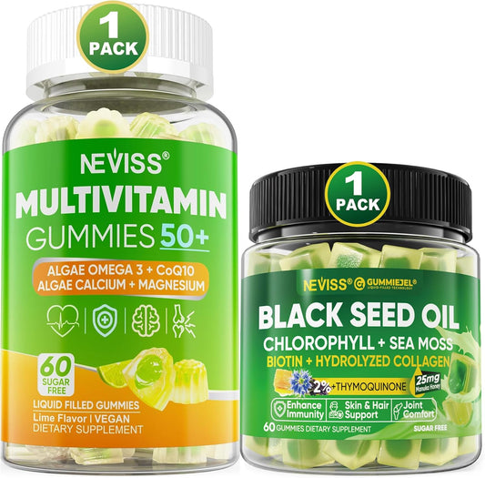 Black Seed Oil Gummies with Chlorophyll, Sea Moss, and Multivitamins for Men and Women Over 50