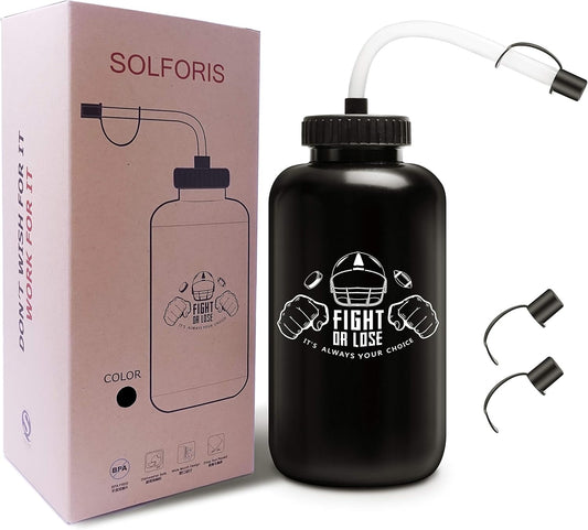 Black SolForis Hockey Water Bottles with Long Straw - Perfect for Football, Lacrosse, Gym Sports - Squeezable, Leakproof, BPA Free - Easy to Clean 32 oz Bottle with 3 Straw Caps