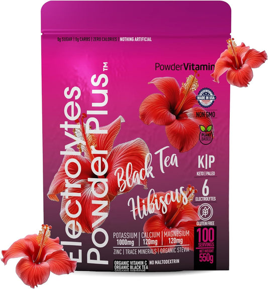 Black Tea Hibiscus Electrolyte Powder with 100 Servings - Keto, Sugar Free, Pink Himalayan Salt, 1000mg Potassium, 120mg Calcium, 120mg Magnesium for Hydration