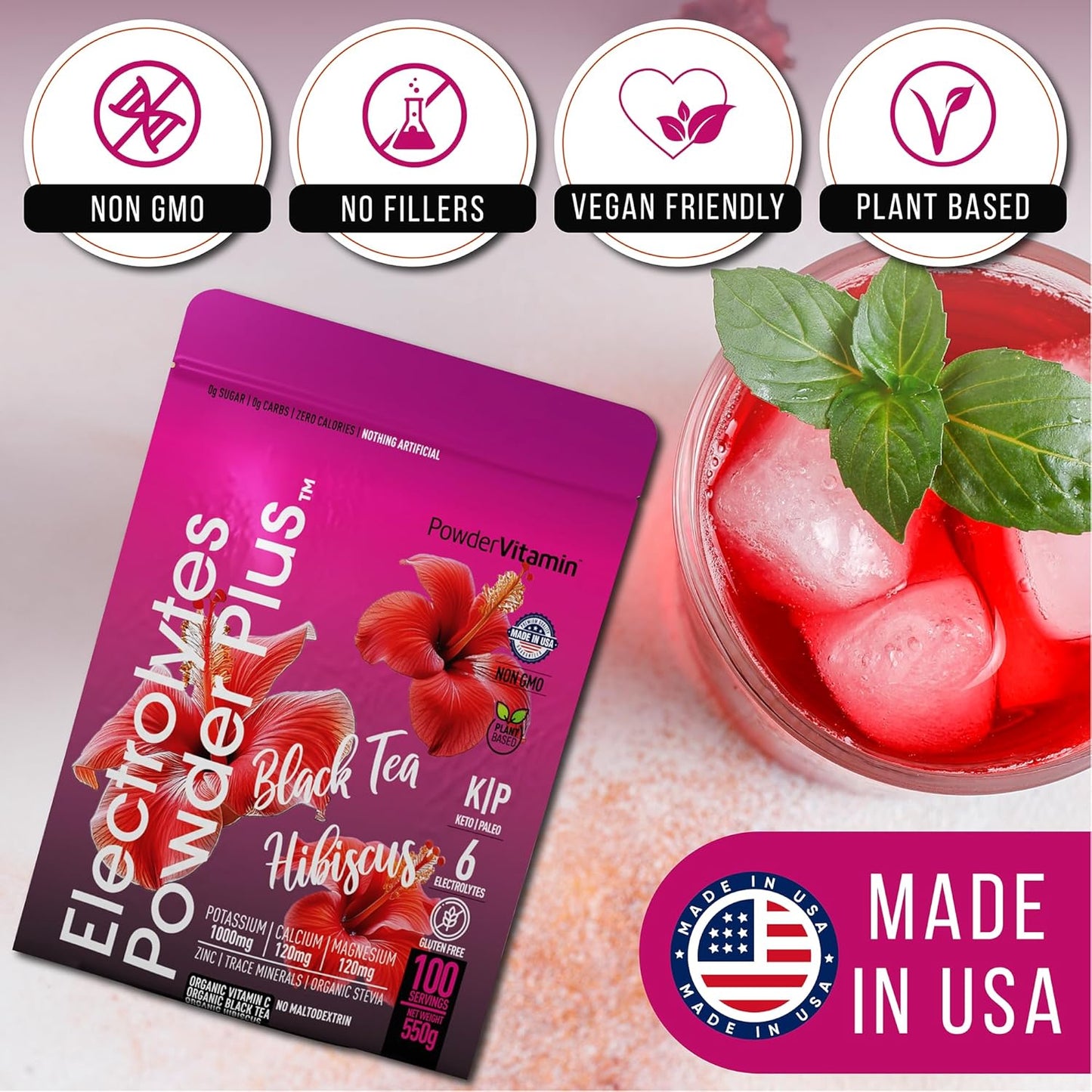 Black Tea Hibiscus Electrolyte Powder with 100 Servings - Keto, Sugar Free, Pink Himalayan Salt, 1000mg Potassium, 120mg Calcium, 120mg Magnesium for Hydration
