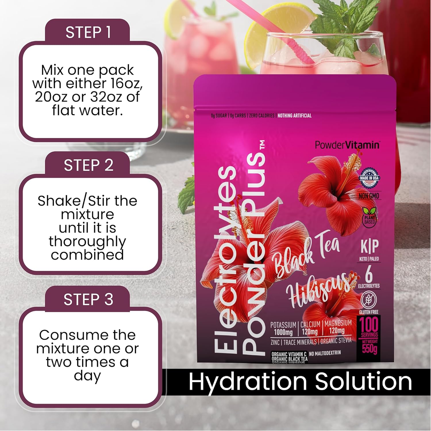 Black Tea Hibiscus Electrolyte Powder with 100 Servings - Keto, Sugar Free, Pink Himalayan Salt, 1000mg Potassium, 120mg Calcium, 120mg Magnesium for Hydration