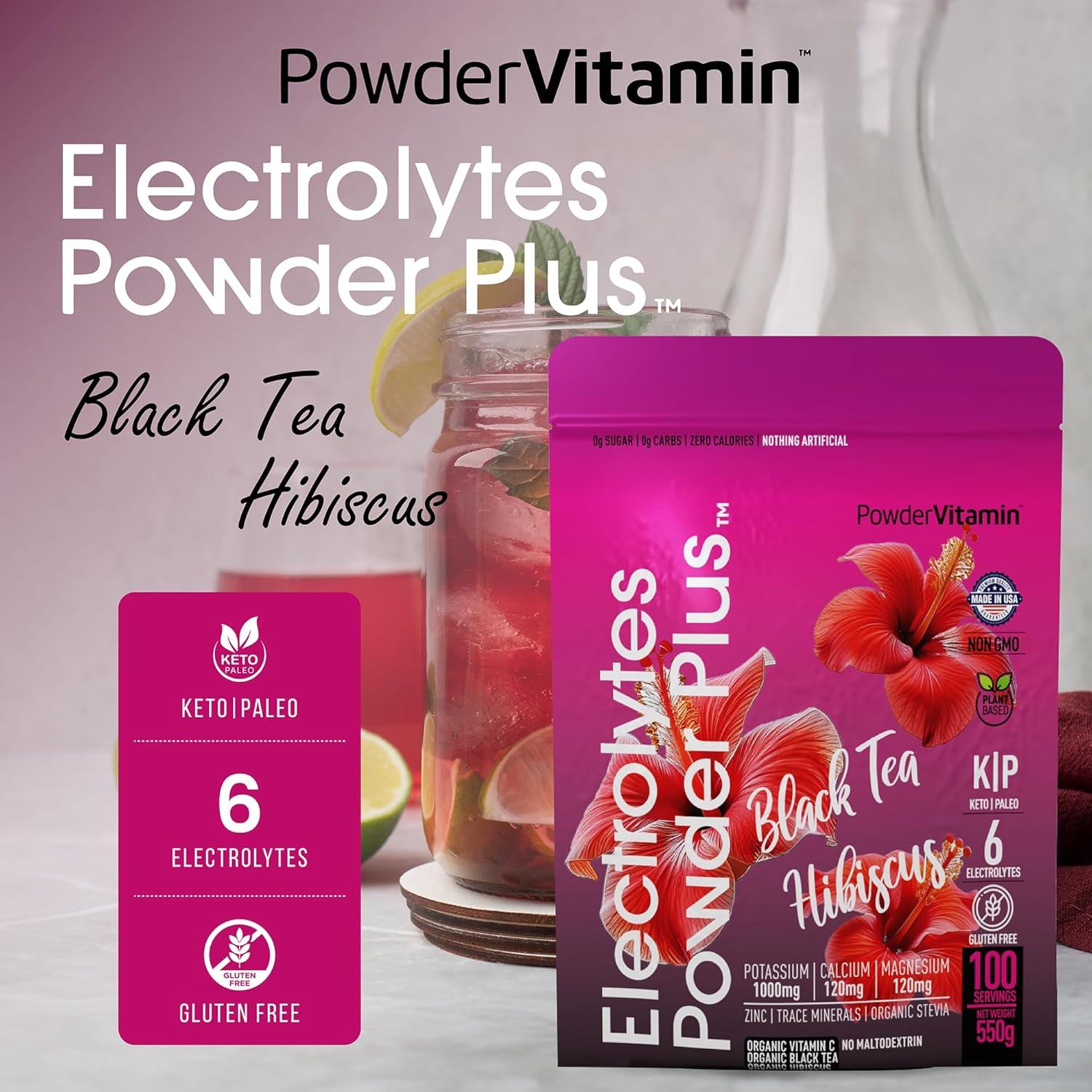 Black Tea Hibiscus Electrolyte Powder with 100 Servings - Keto, Sugar Free, Pink Himalayan Salt, 1000mg Potassium, 120mg Calcium, 120mg Magnesium for Hydration
