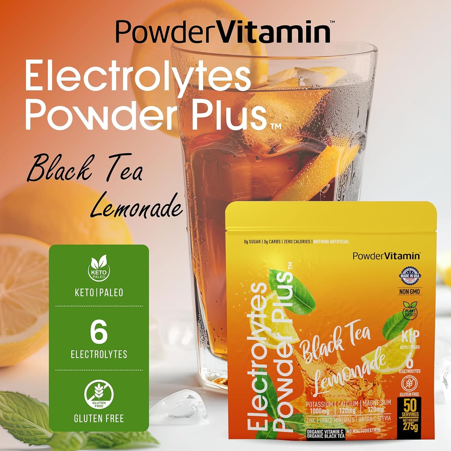 Black Tea Lemonade Electrolyte Powder - 50 Servings, Zero Calorie Keto Hydration Powder with 1000mg Potassium