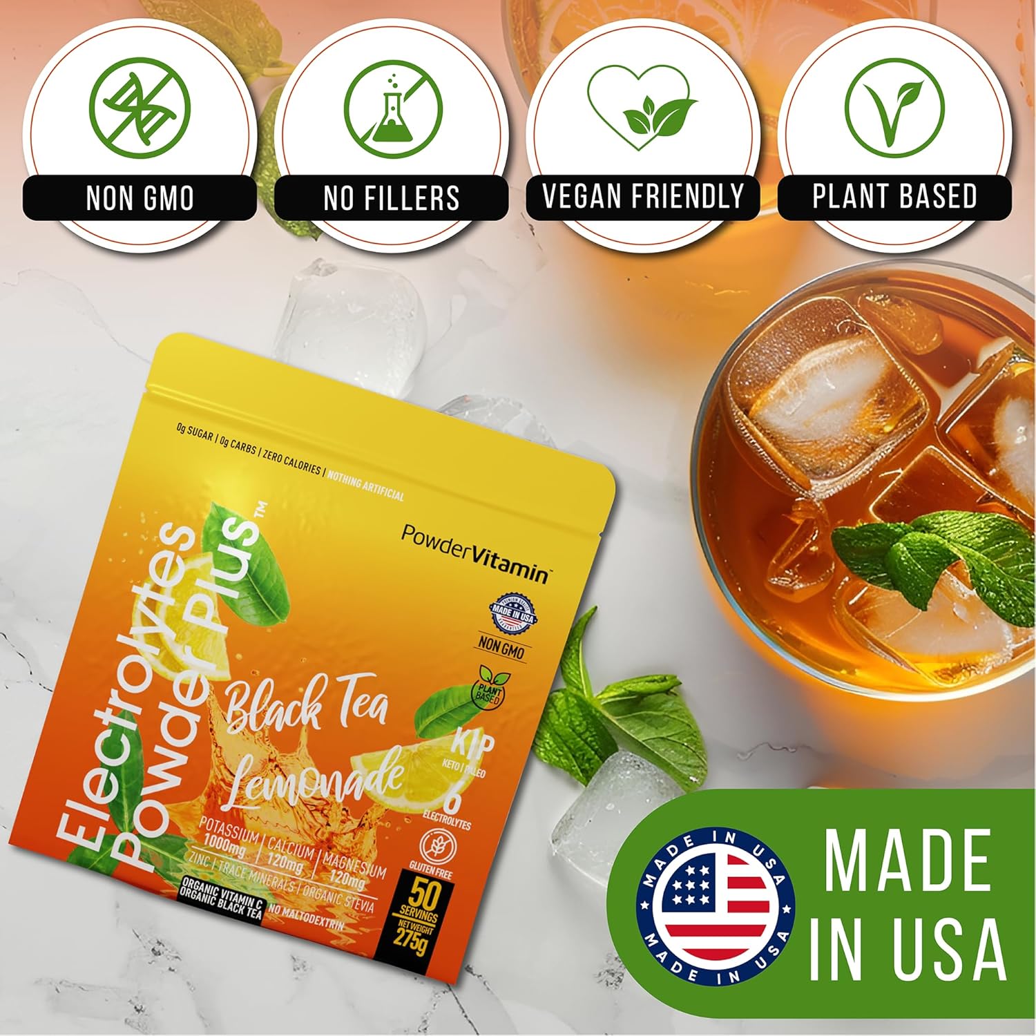 Black Tea Lemonade Electrolyte Powder - 50 Servings, Zero Calorie Keto Hydration Powder with 1000mg Potassium