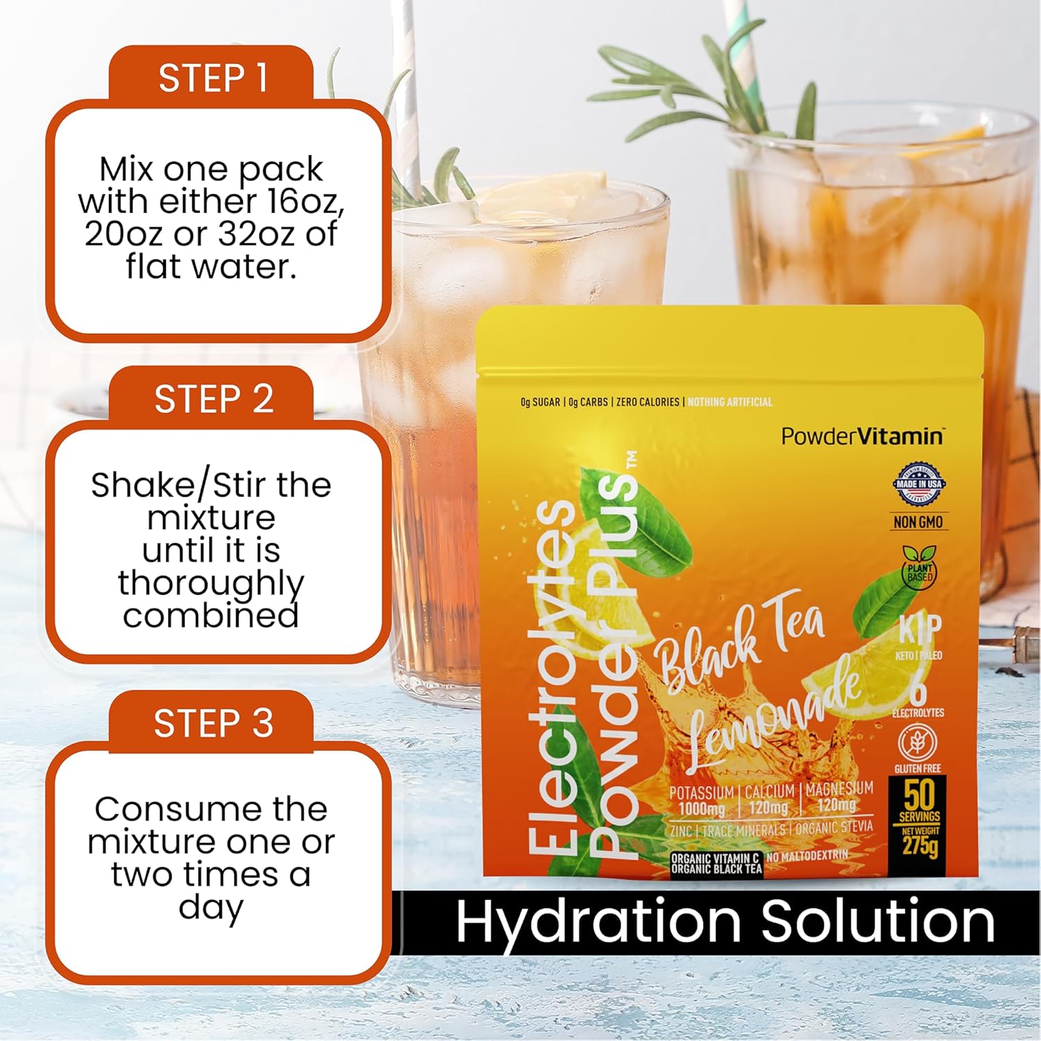 Black Tea Lemonade Electrolyte Powder - 50 Servings, Zero Calorie Keto Hydration Powder with 1000mg Potassium