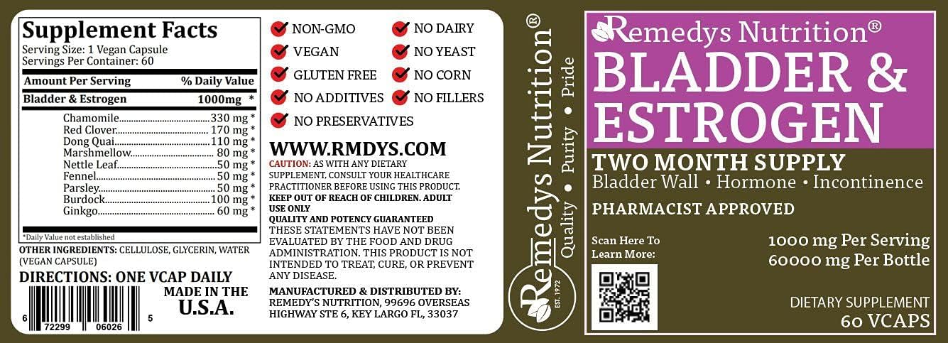 Bladder and Estrogen Capsules - 60,000 mg - Two Month Supply - Vegan - Remedy's Nutrition