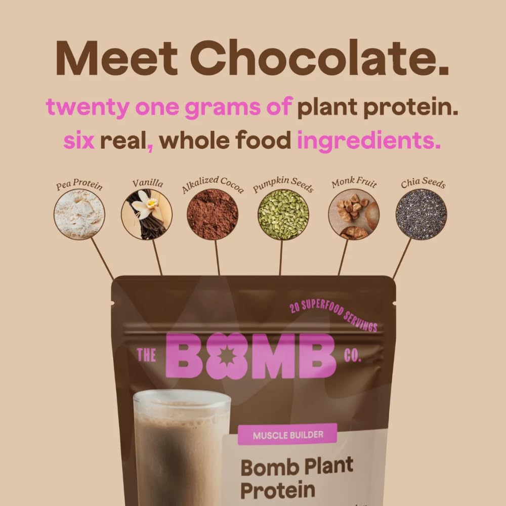Blender Bombs Plant Protein Powder - Chocolate & Vanilla, 21g Protein, Zero Sugar, Pea Protein, Chia Seeds, Monk Fruit - 40 Servings
