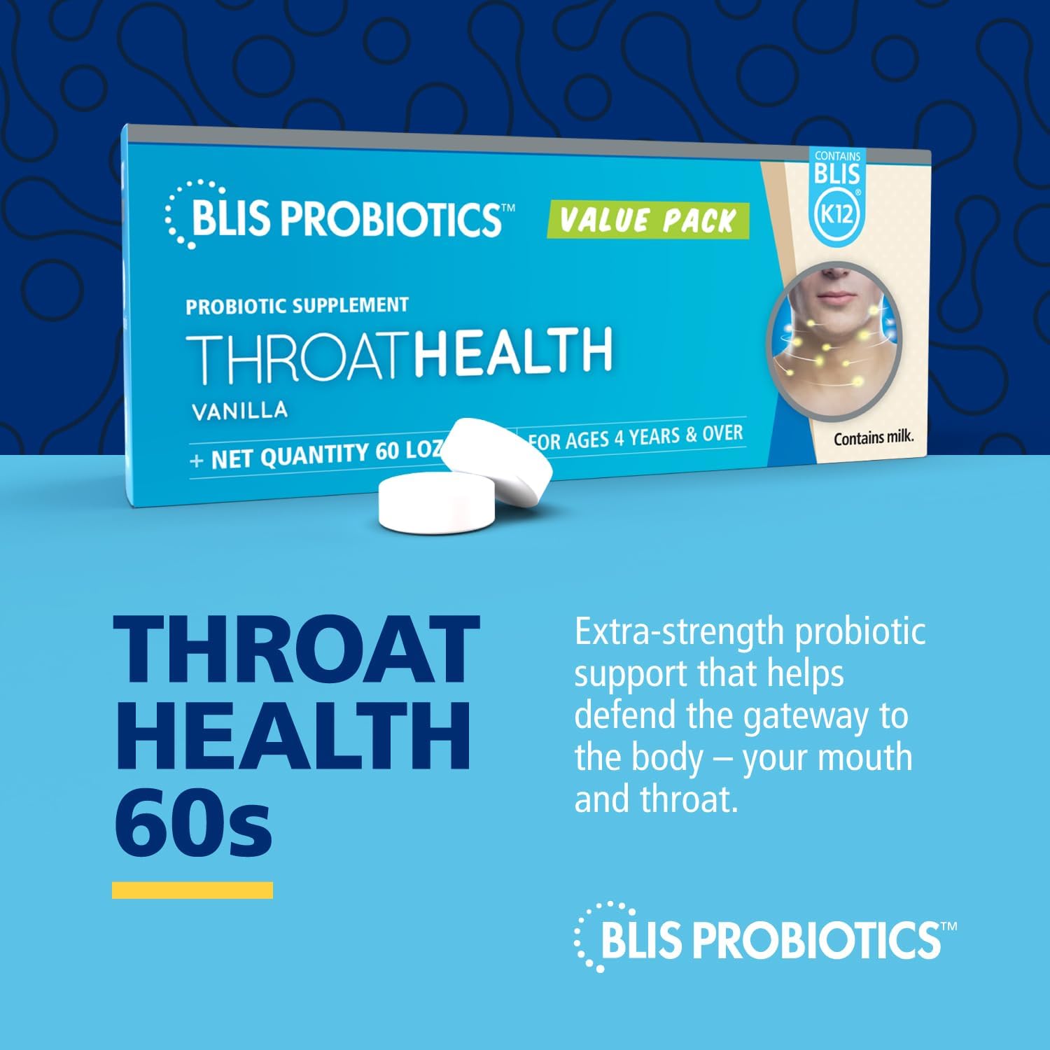 BLIS ThroatHealth Oral Probiotics Value Pack - 2.5 Billion Cfu, Immunity Support for Throat and Oral Health - Sugar-Free Vanilla Lozenges for Adults and Kids - 60 Supply