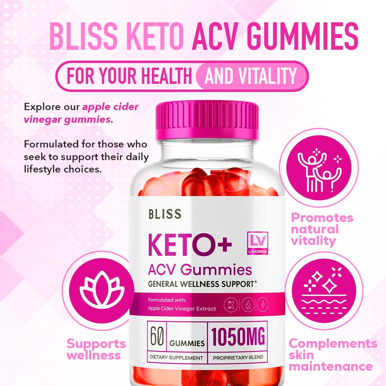 Bliss Keto ACV Gummies 2-Pack for Advanced Weight Loss Support - 1050mg Keto Active Gummies - 120 Count