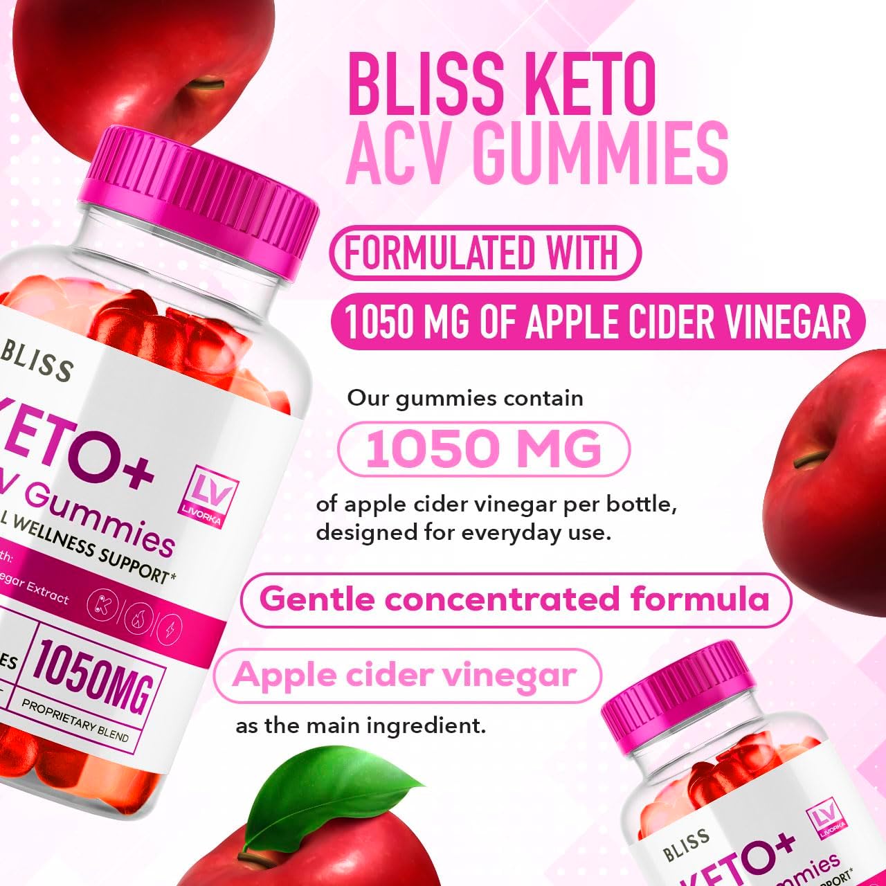 Bliss Keto ACV Gummies 2-Pack for Advanced Weight Loss Support - 1050mg Keto Active Gummies - 120 Count