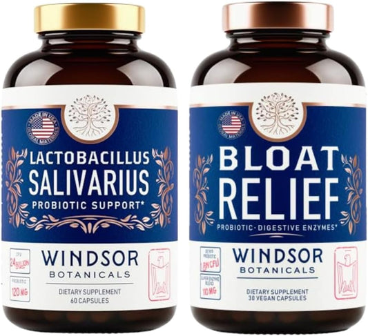 Bloat Relief and Lactobacillus Salivarius Probiotic Capsules Bundle - Oral and IBS Support by WINDSOR BOTANICALS