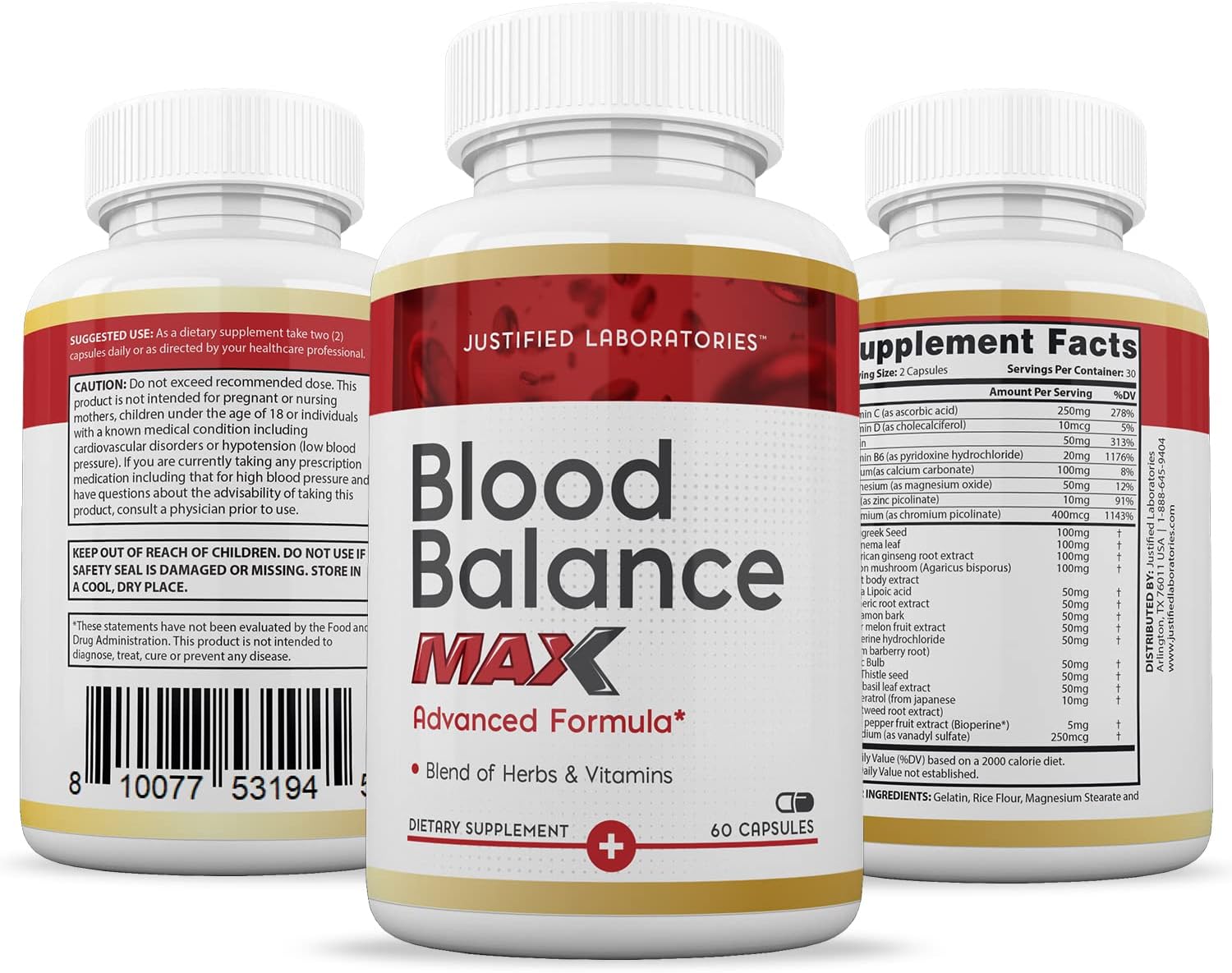 Blood Balance Max 1295MG Formula Supplement Pills - 2 Pack of 120 Capsules by Justified Laboratories