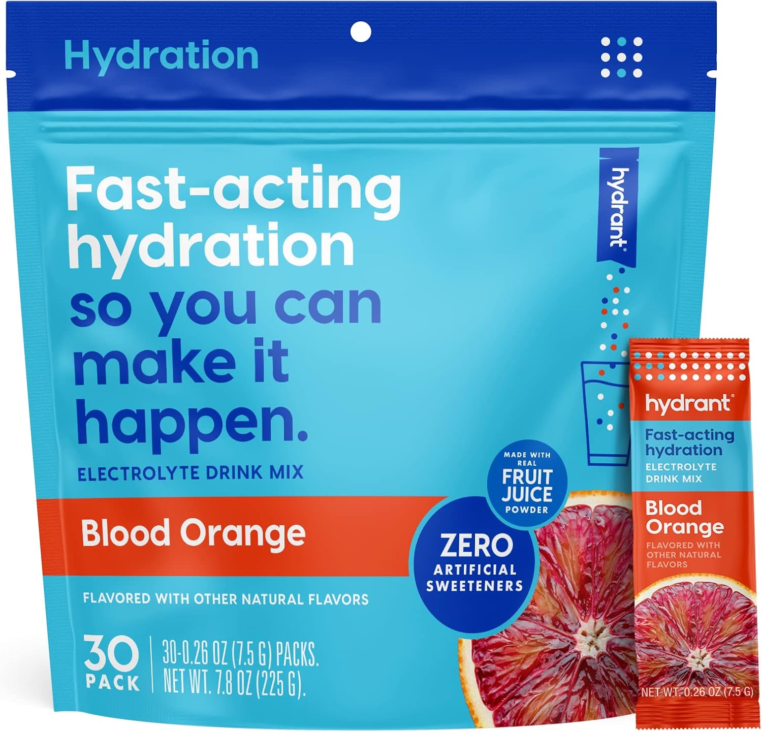Blood Orange Electrolyte Powder Stick Packets for Individual Hydration - 30 Pack, No Artificial Additives