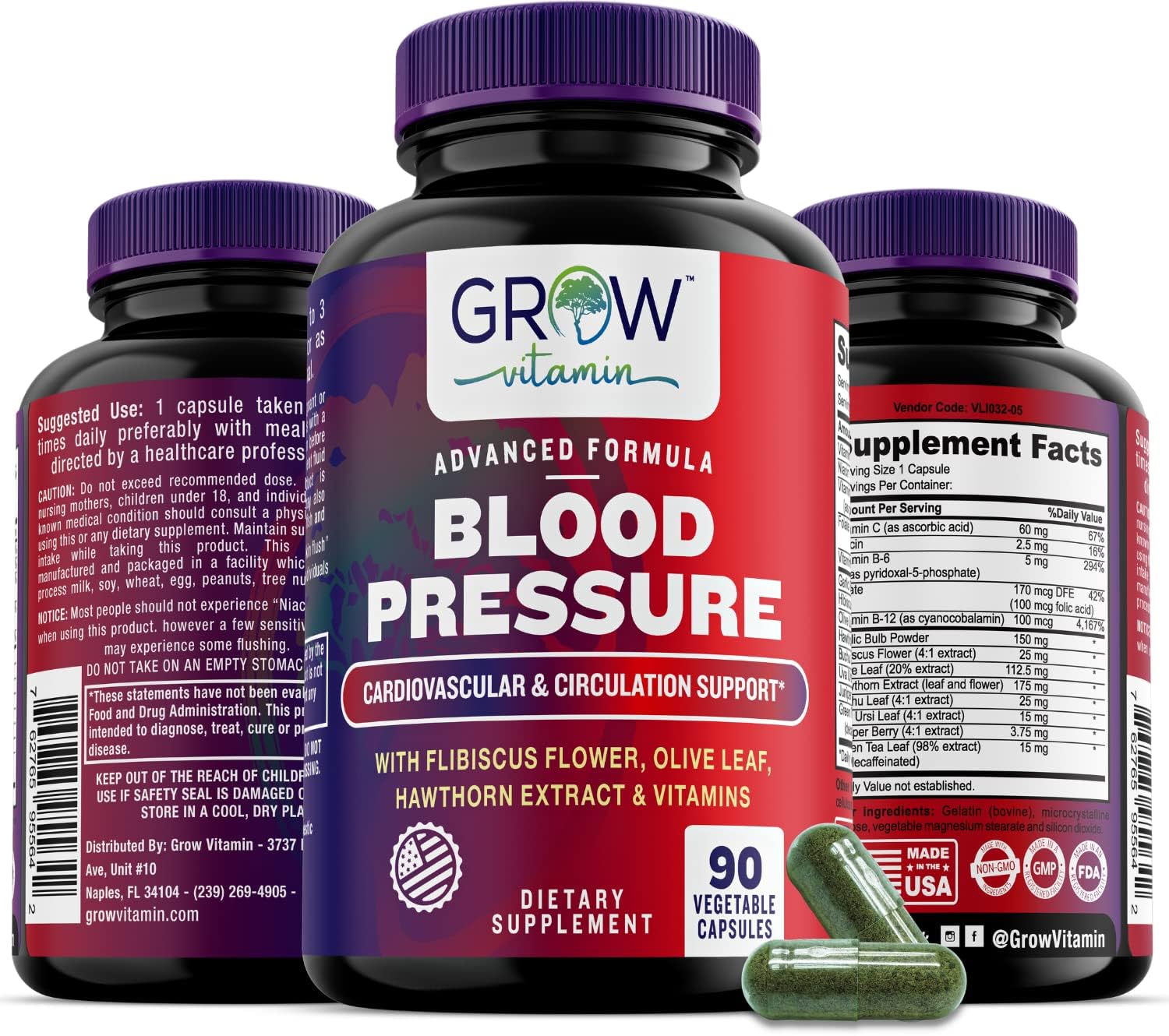 Blood Pressure Support Supplement with Garlic, Hawthorn & Hibiscus - 90 Capsules for Cardiovascular Health