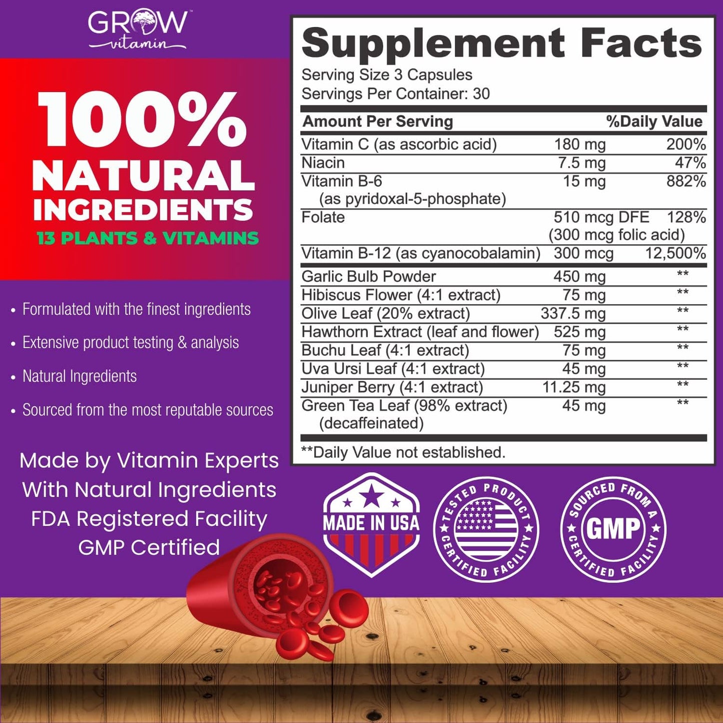 Blood Pressure Support Supplement with Garlic, Hawthorn & Hibiscus - 90 Capsules for Cardiovascular Health