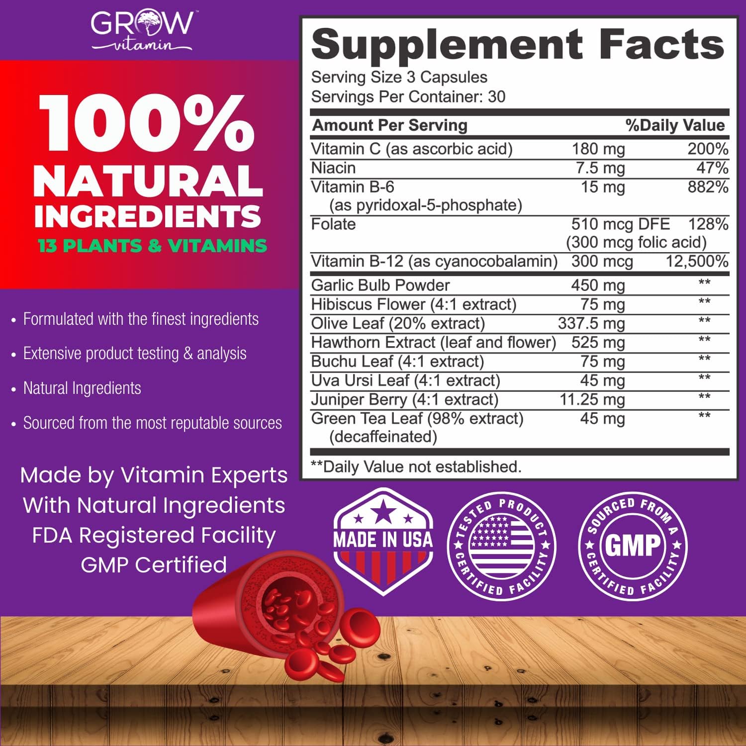 Blood Pressure Support Supplement with Garlic, Hawthorn & Hibiscus - 90 Capsules for Cardiovascular Health