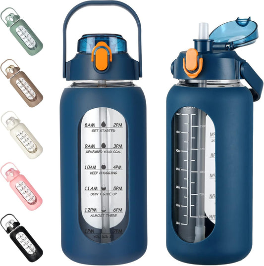 Blue 64oz Glass Water Bottle with Straw, Time Marker, and Silicone Sleeve - Half Gallon Motivational Jug for Gym, Home, Office - Leakproof 2L Glass Water Bottle