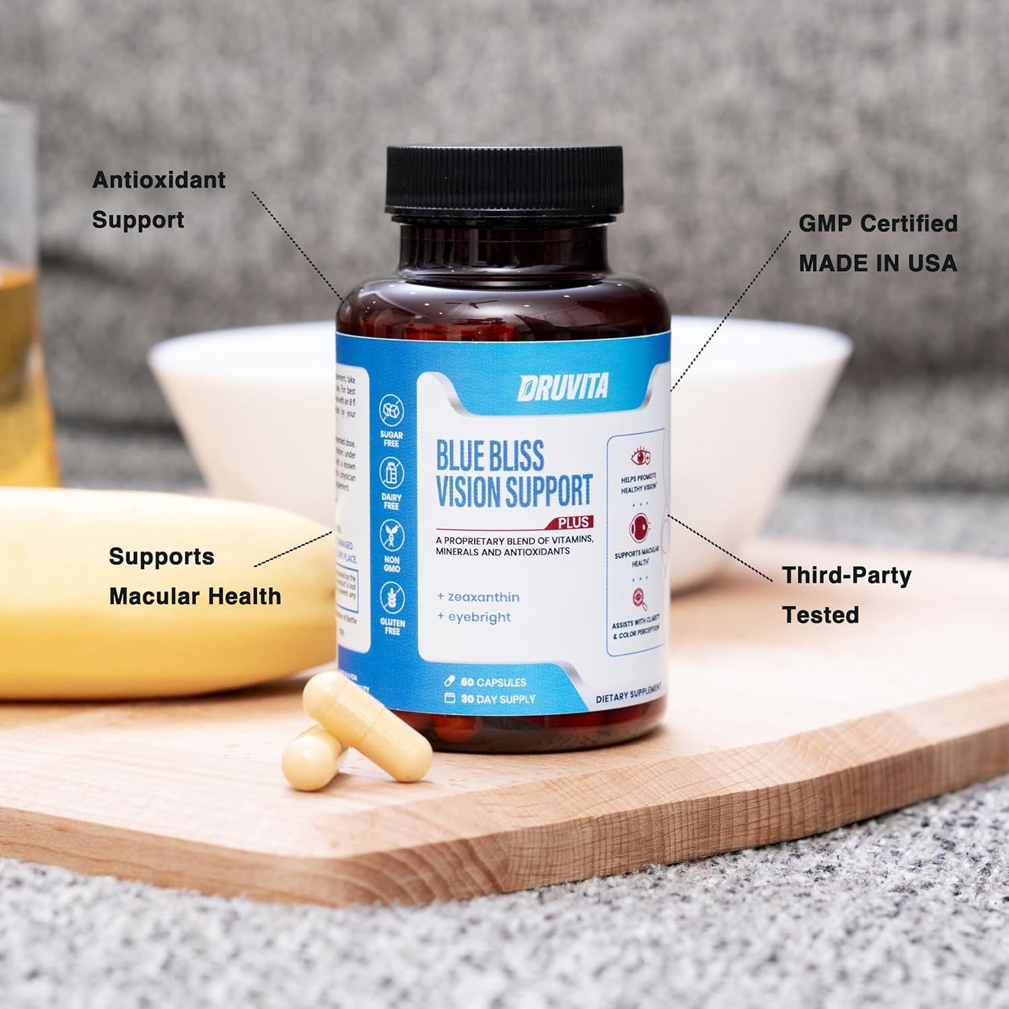 Blue Bliss Vision Support: Eye Vitamins for Adults & Seniors - Lutein, Biotin, Bilberry, Zeaxanthin - 30 Day Supply