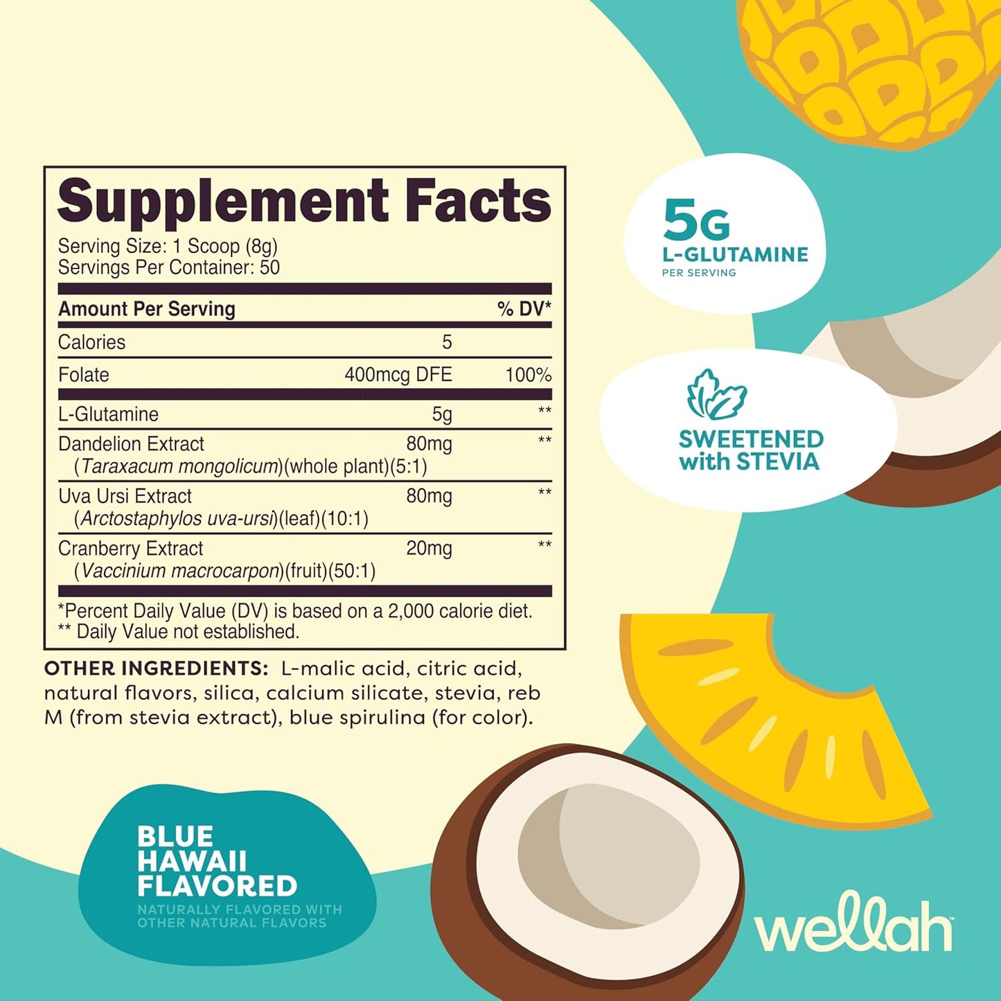 Blue Hawaii Wellah L-Glutamine Powder - 5g per Serving (50 Servings) - Sweetened with Stevia